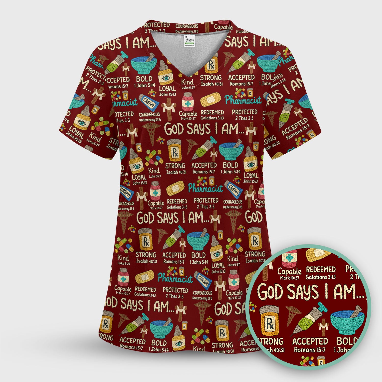 God Says I Am Pharmacist Scrub Top - Christian Pharmacy Scrubs for Women - Faith Inspired Medical Uniform - Bible Verse Nurse Shirt