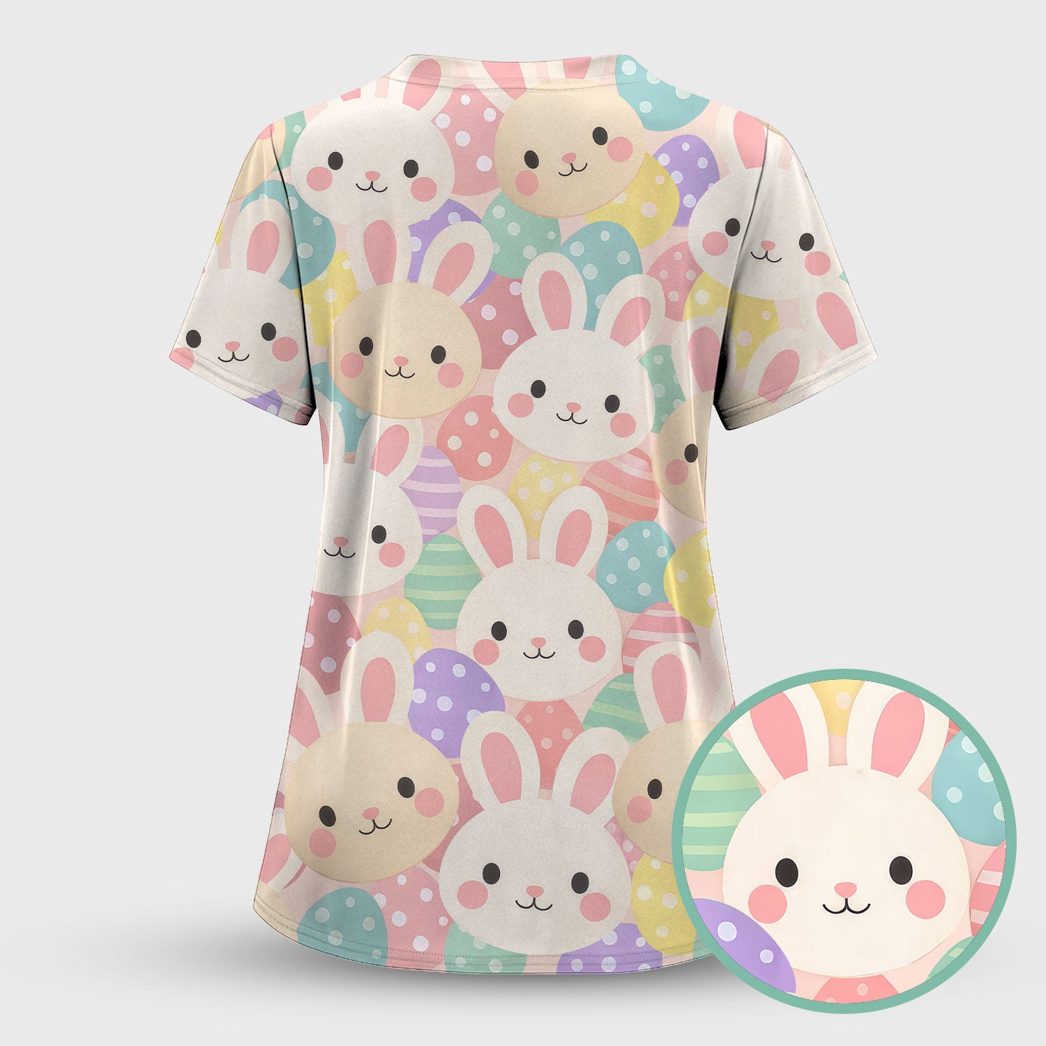 Pastel Bunny Faces Easter Eggs Pattern Scrubs Top, Comfortable Scrubs for Nurses