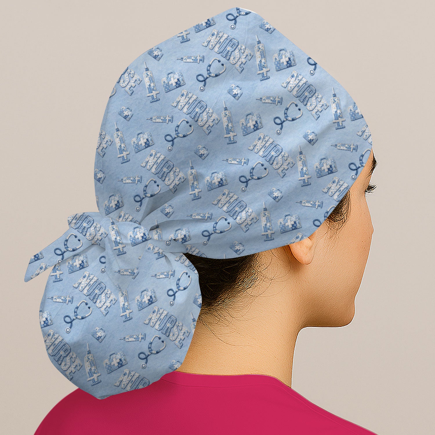 Blue Nurse Medical Pattern Scrub Cap, Breathable Fabrics Caps Uniform