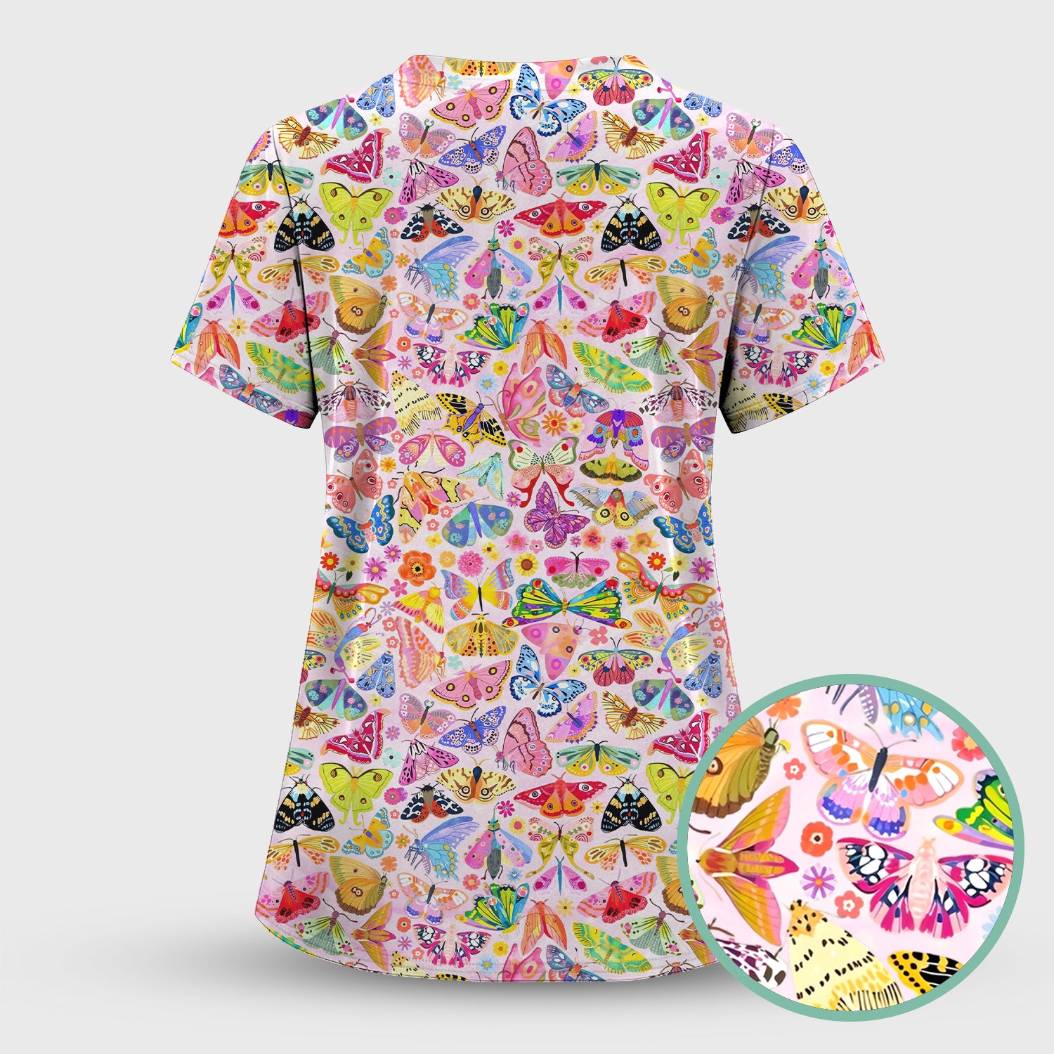 Cute Bright Butterfly Moth Floral Scrub Top, Breathable Fabrics Nursing Uniform