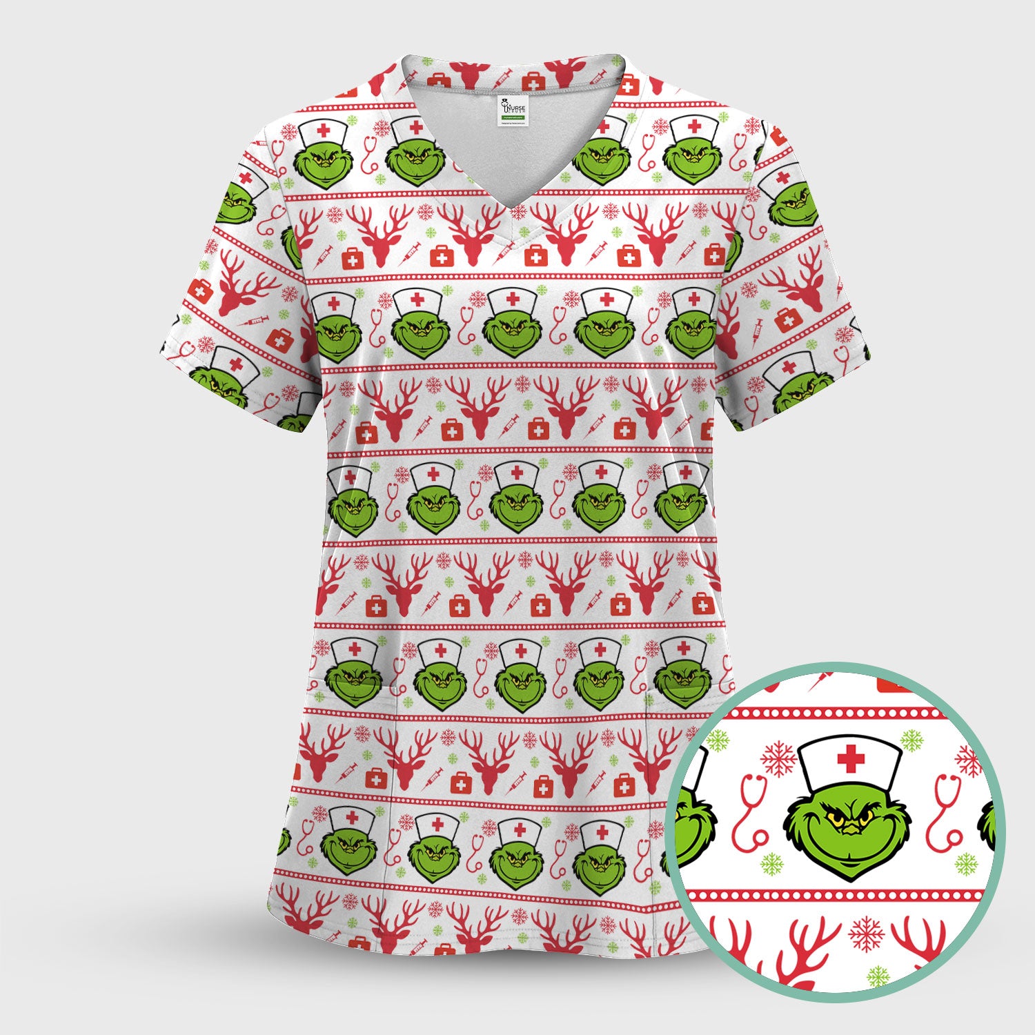 Funny Grinch Nurse Scrubs Top - Ugly Christmas Sweater Style Scrub Shirt - Holiday Nursing Workwear for Women