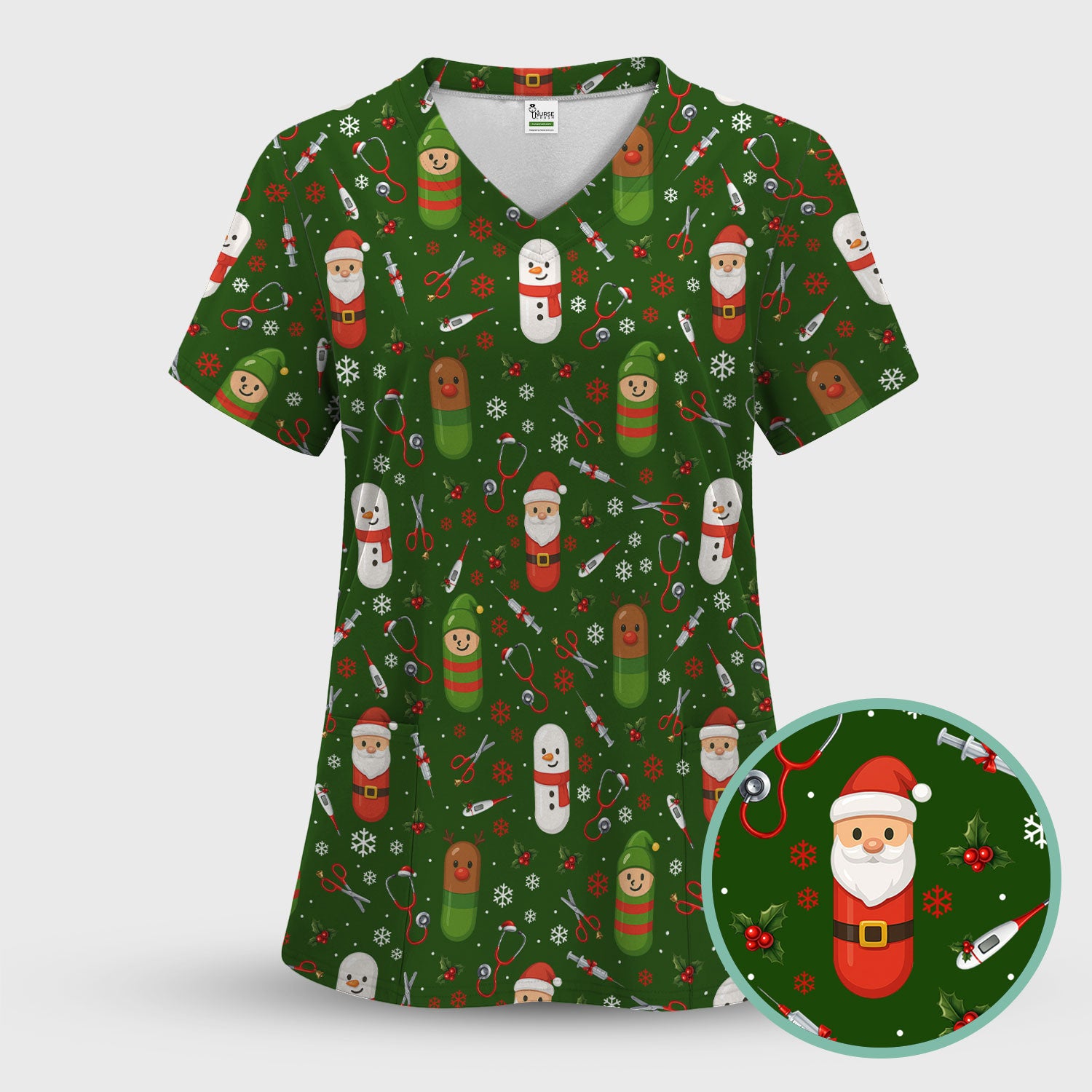 Santa Christmas Scrubs Set - Fun Holiday Pattern with Reindeer and Snowman - Cute Medical Scrub Top and Pants for Nurses
