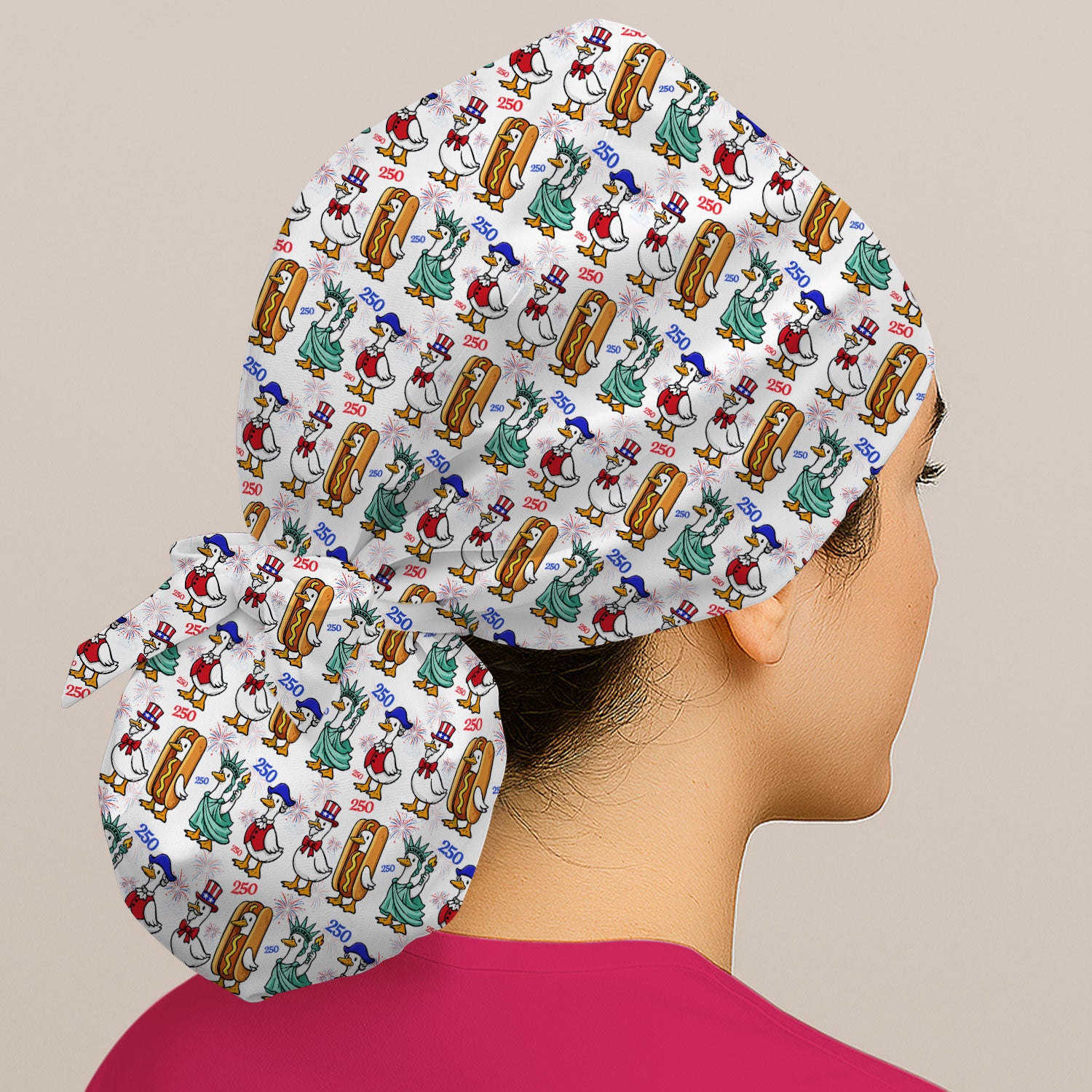 Patriotic Duck Independence Day Pattern Print Cap, Bouffant Scrub Caps for Women