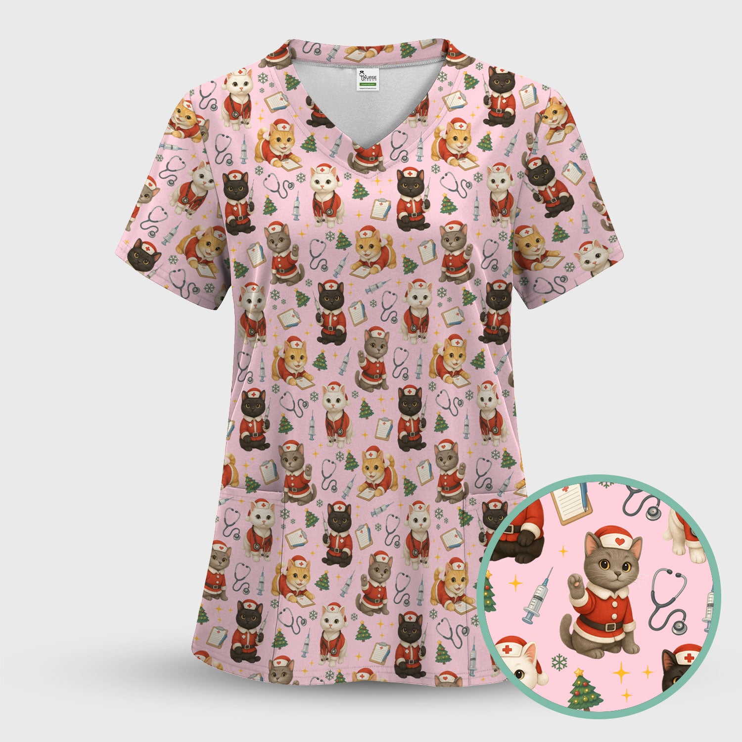 Christmas Nurse Scrub Top for Women - Cute Lucky Cat Pattern - Funny Holiday Nursing Shirt Gift for RN LPN CNA