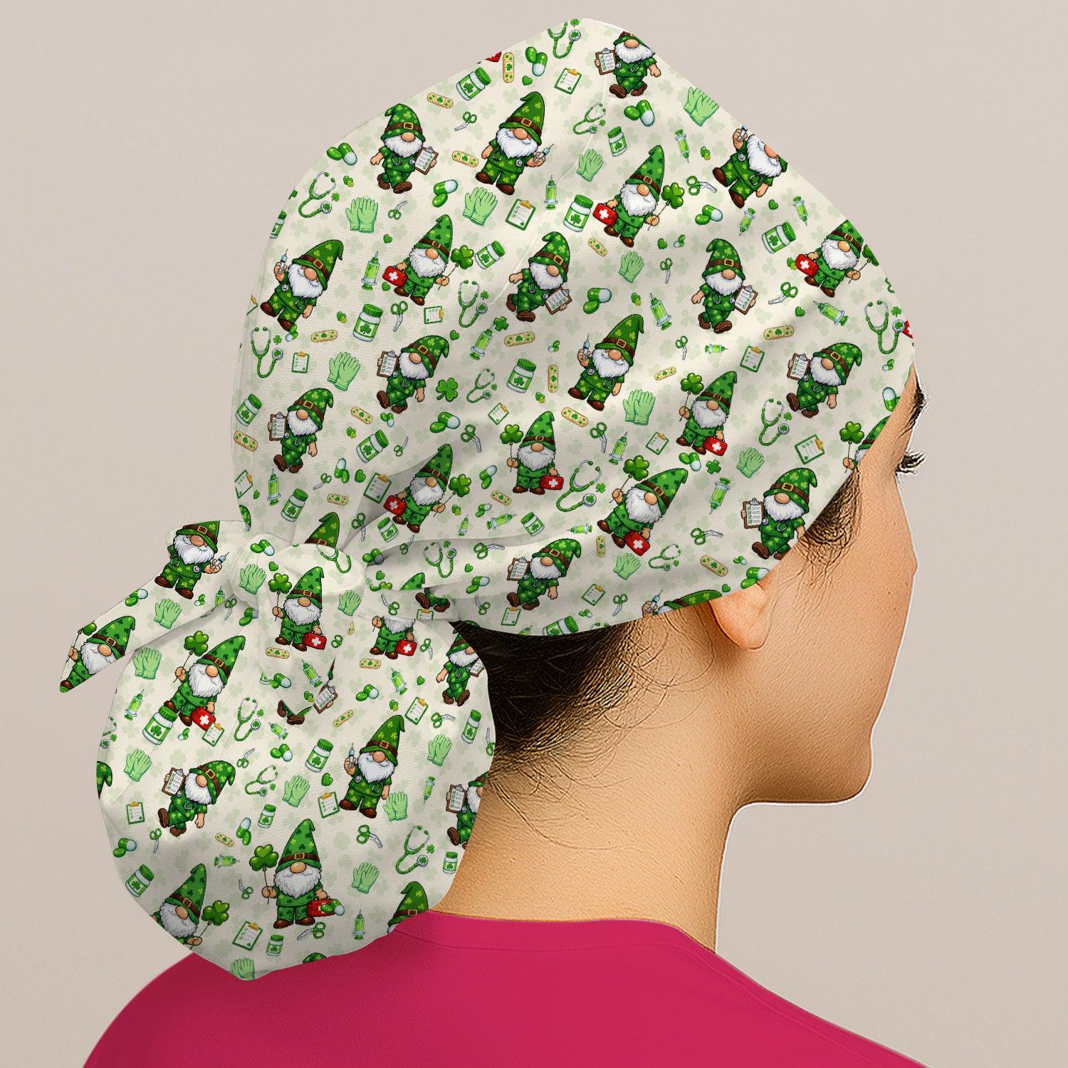 St. Patrick’s Day Nurse Gnome Scrub Cap, Green Lucky Medical Pattern Nurse Hat, Breathable Fabrics Nursing Uniform