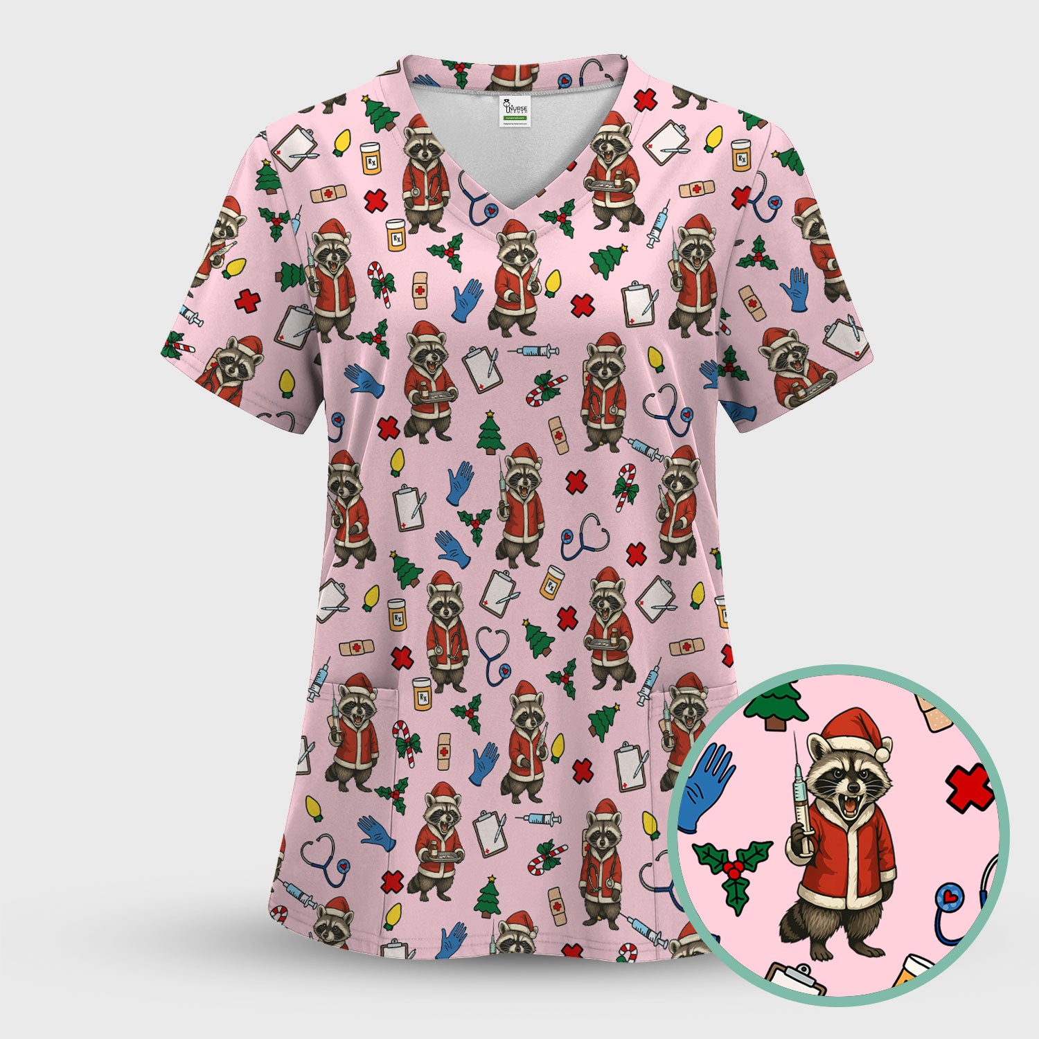 Christmas Raccoon Pattern Nurse Scrub Set - Funny Santa Medical Print Top and Pants - Holiday Gift for RN LPN CNA Women