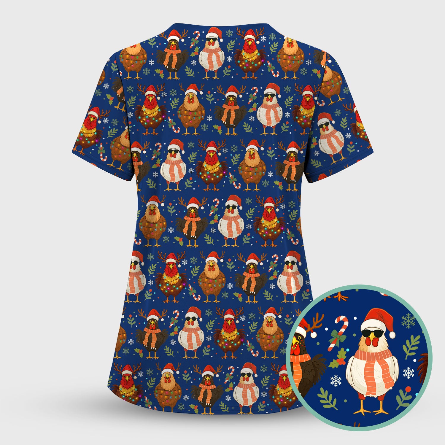 Chicken Scrubs Christmas Edition - Cute Funny Hen Pattern Medical Scrub Top for Women - Holiday Christmas Scrubs with Festive Print