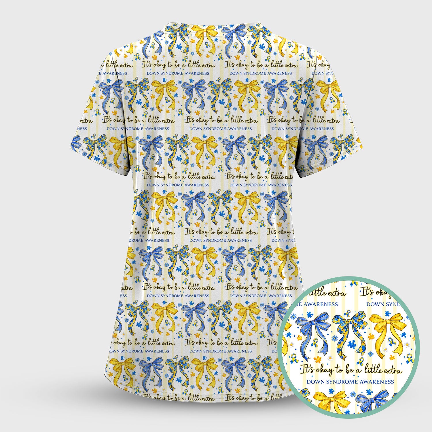 Down Syndrome Awareness Ribbon Pattern Scrub Top Comfortable Nurse Workwear Top