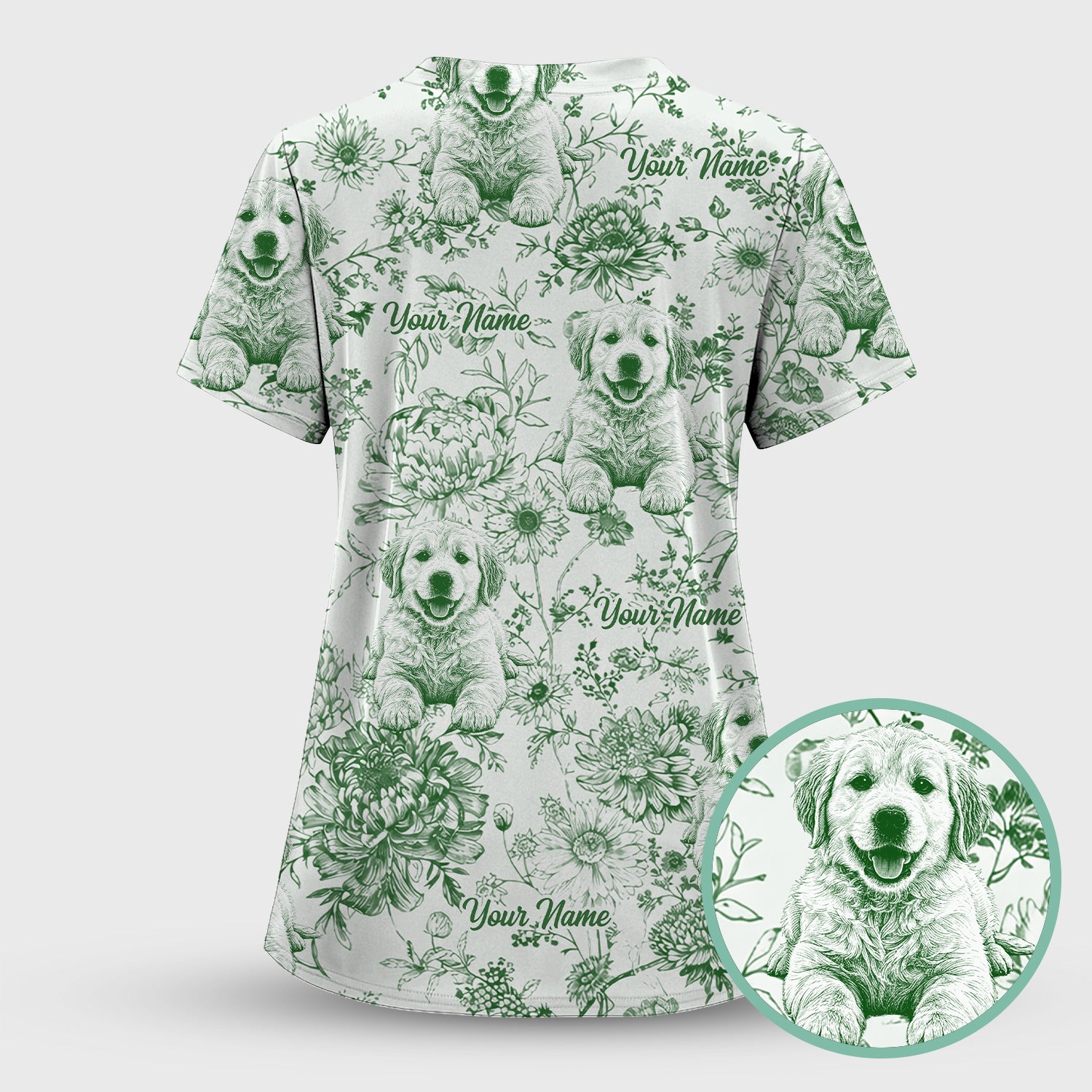 Personalized Custom Pet Photo Name Floral Pattern Scrub Top, Breathable Fabrics Nursing Uniform