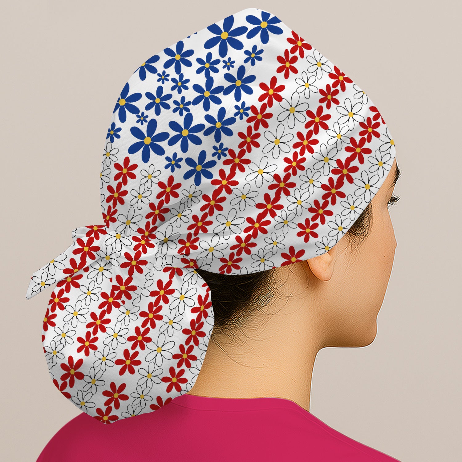 Retro Red Blue Daisy Stripe Pattern Scrub Cap, Surgical Caps for Doctors