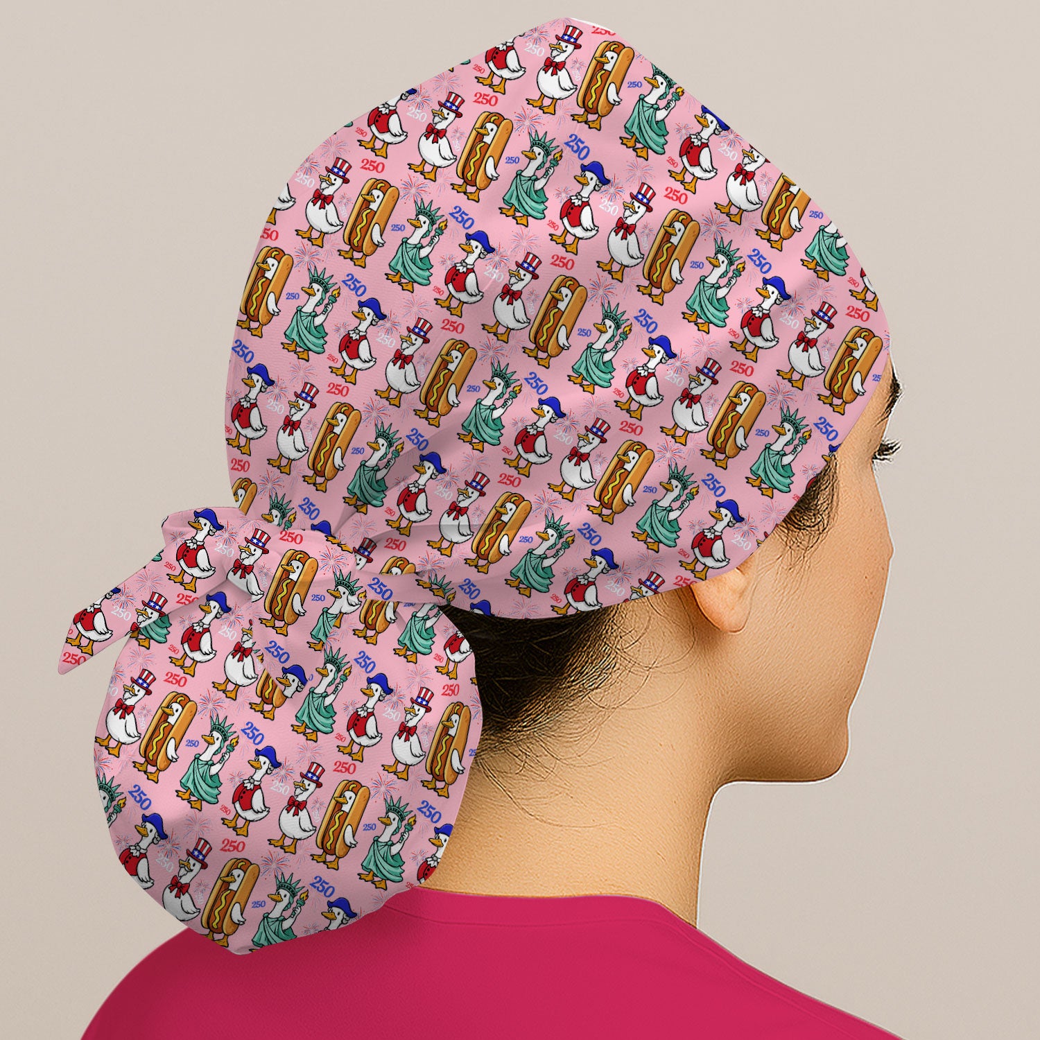 Patriotic Duck Independence Day Pattern Print Cap, Bouffant Scrub Caps for Women