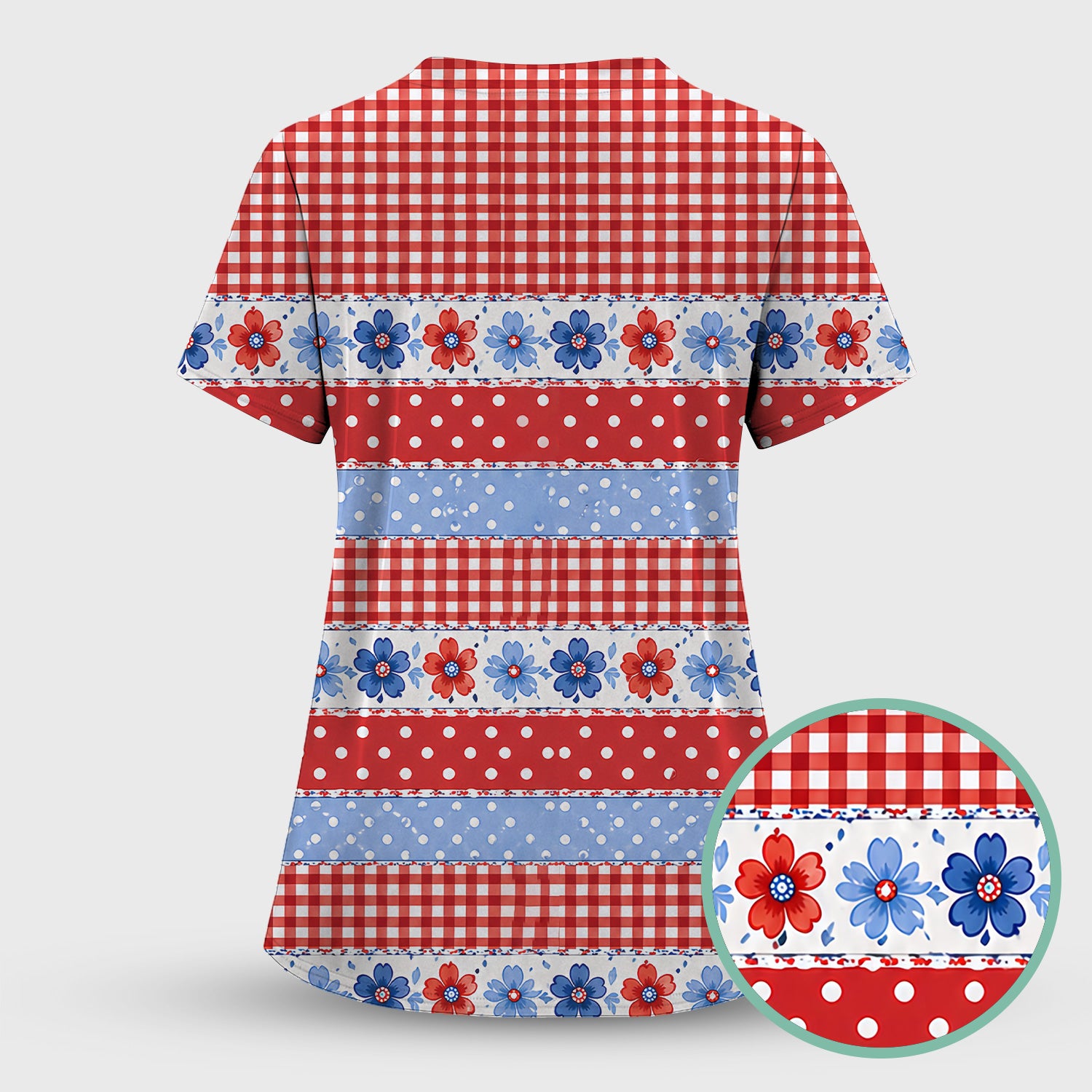 Patriotic Gingham Bow Floral Pattern Scrub Set, Scrub Pants and V Neck Top