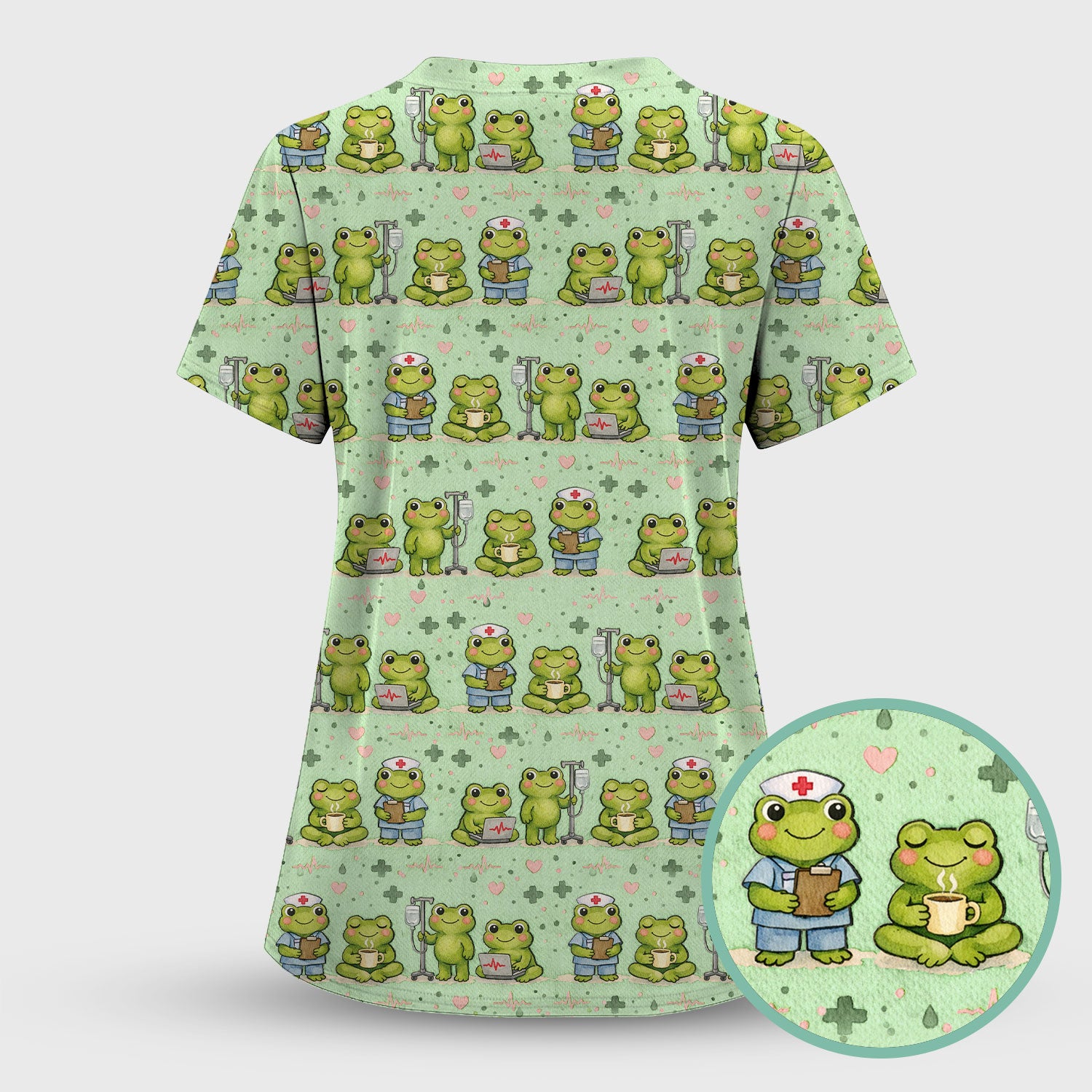 Adorable Frog Nurse Various Poses Print Scrub Top, Comfortable Scrubs for Nurses