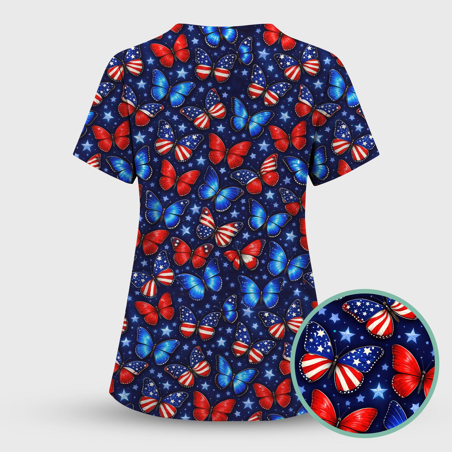 Patriotic Butterfly Stars Pattern Scrubs Top, Comfortable Scrubs for Nurses