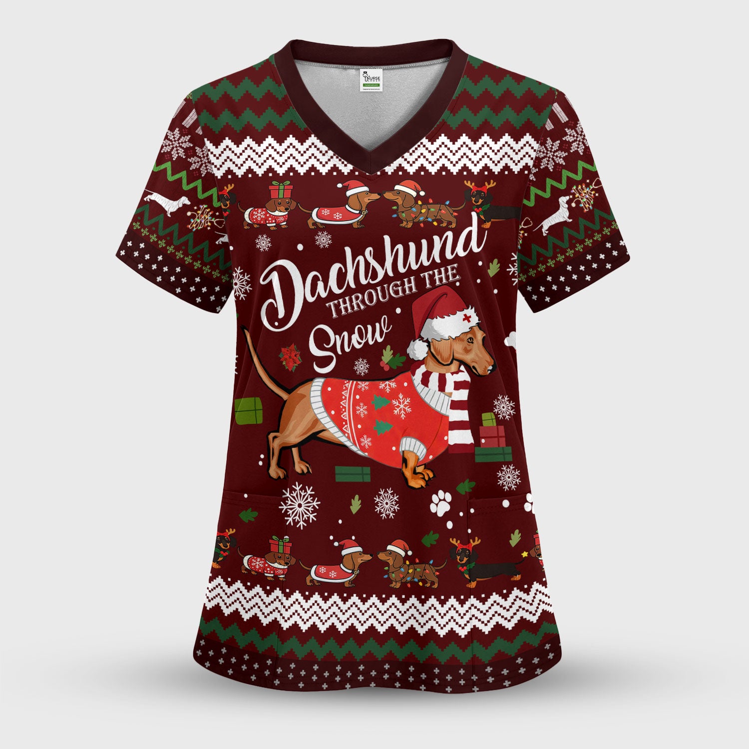 Dachshund Through the Snow - Funny Christmas Scrub Top - Wiener Dog Lover Gift - Holiday Medical Uniform