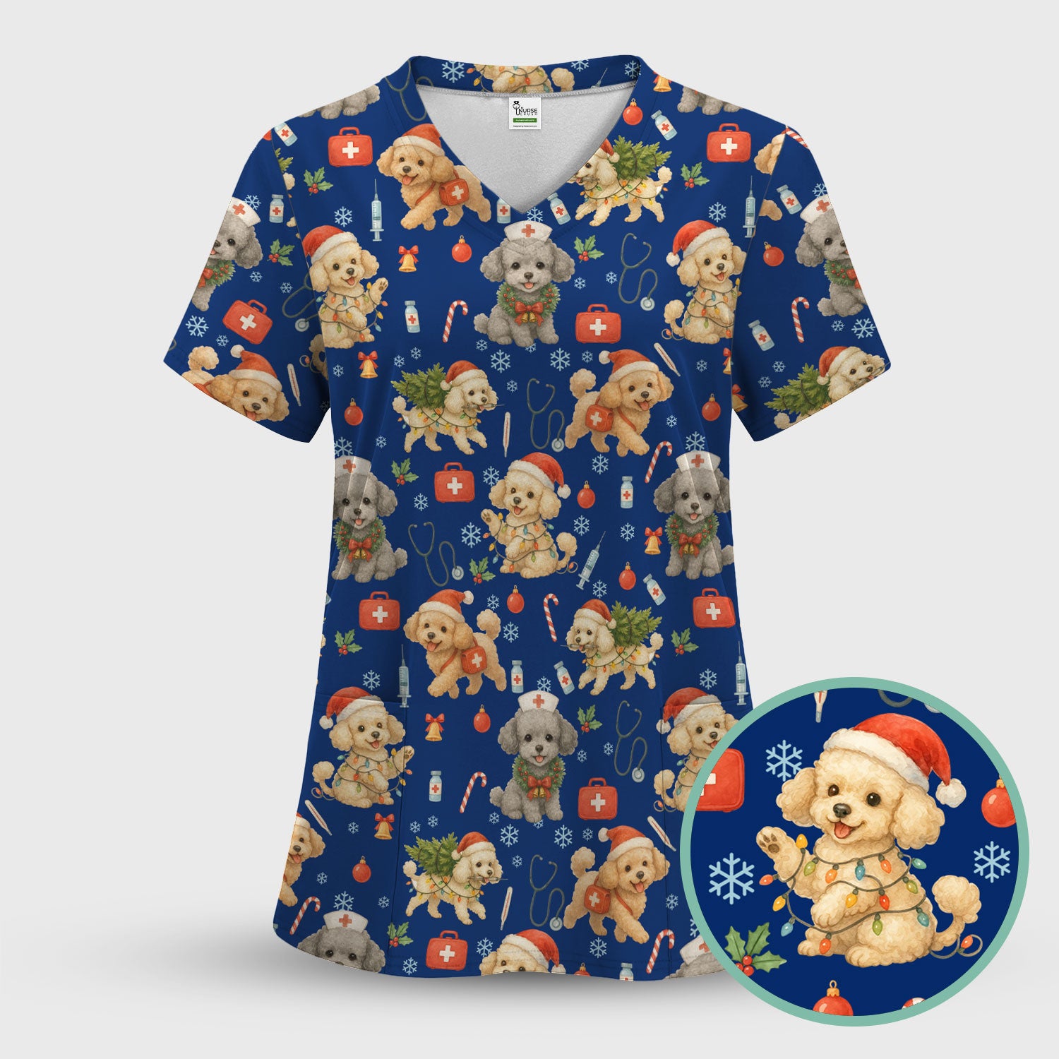 Cute Christmas Dog Scrub Top - Puppy Nurse Shirt Santa Hat Print - Holiday Medical Scrubs Gift for Women CNA RN Doctor