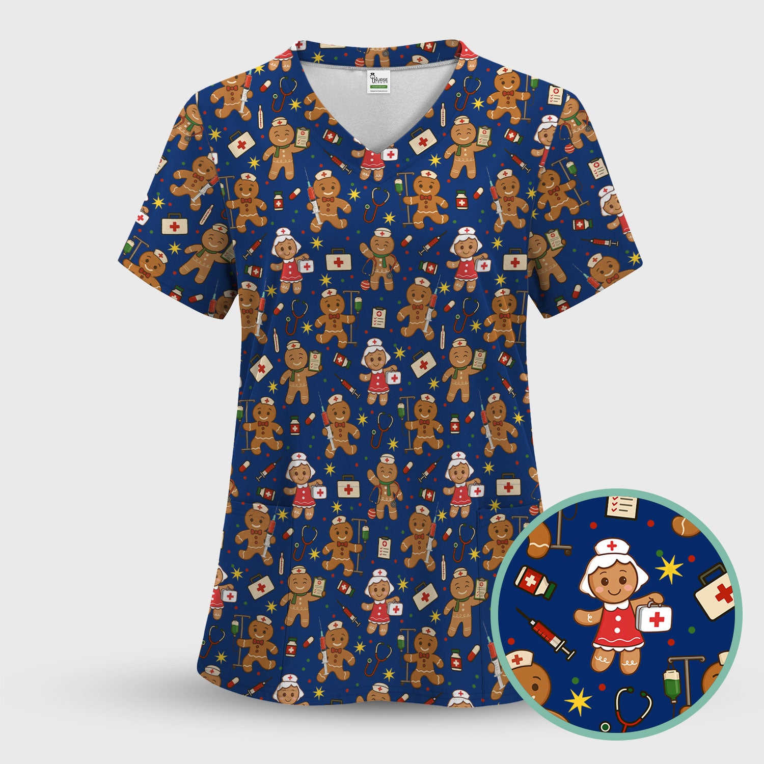 Gingerbread Christmas Nurse Scrub Top - Cute Holiday Cookie Pattern Shirt for Women - Funny Festive Nursing Gift for RN LPN CNA
