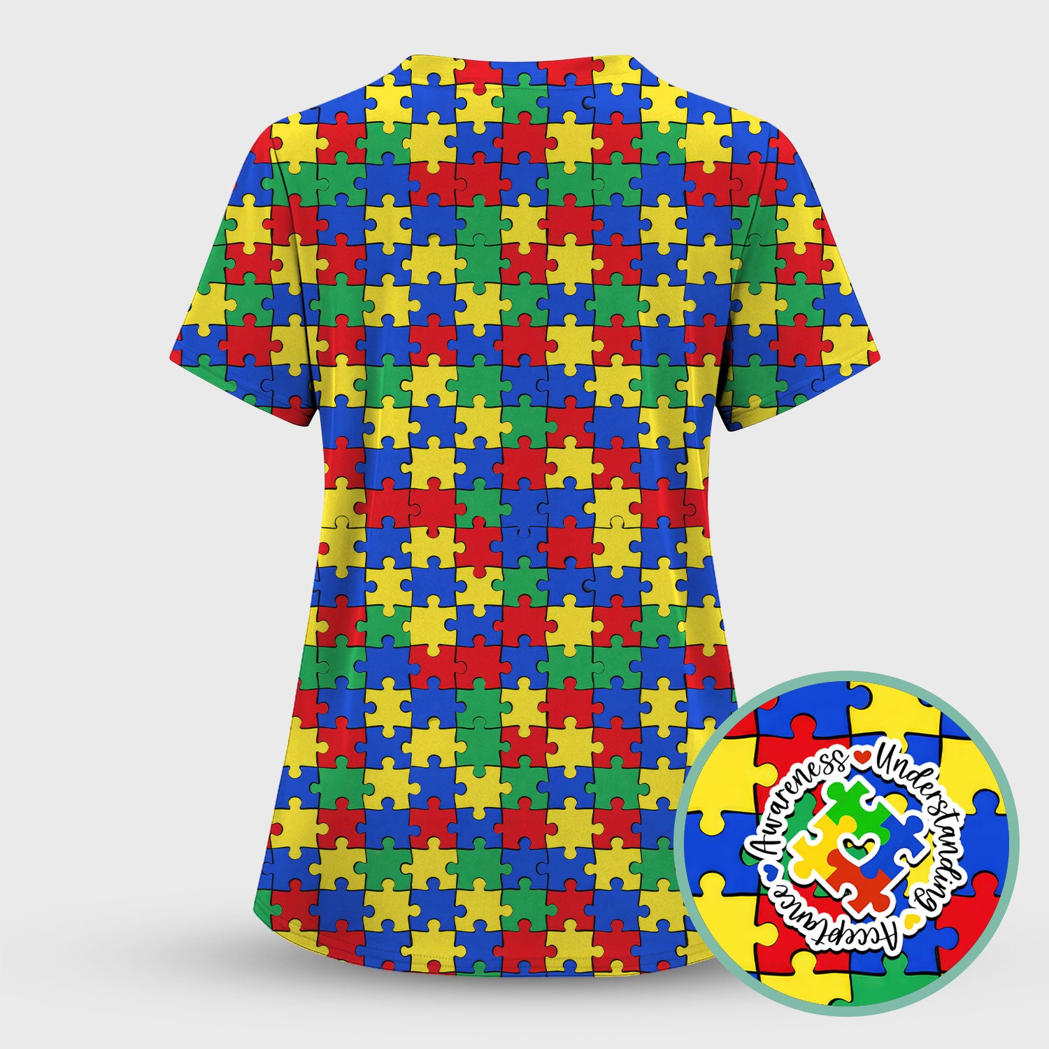 Autism Awareness Puzzle Pattern Scrub Top, Breathable Fabrics Nursing Uniform