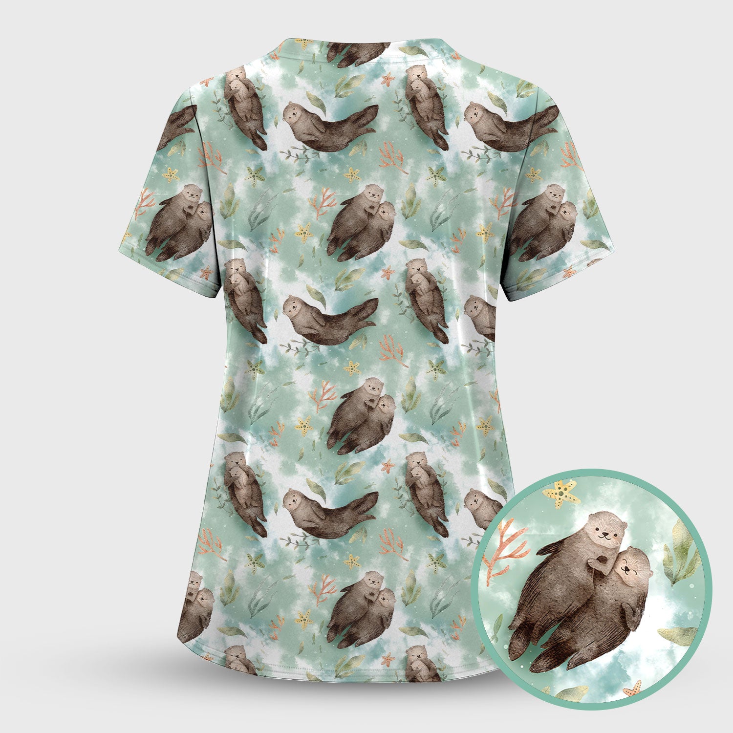 Cute Sea Otter Watercolor Print Scrub Set, Scrub Pants and V Neck Top