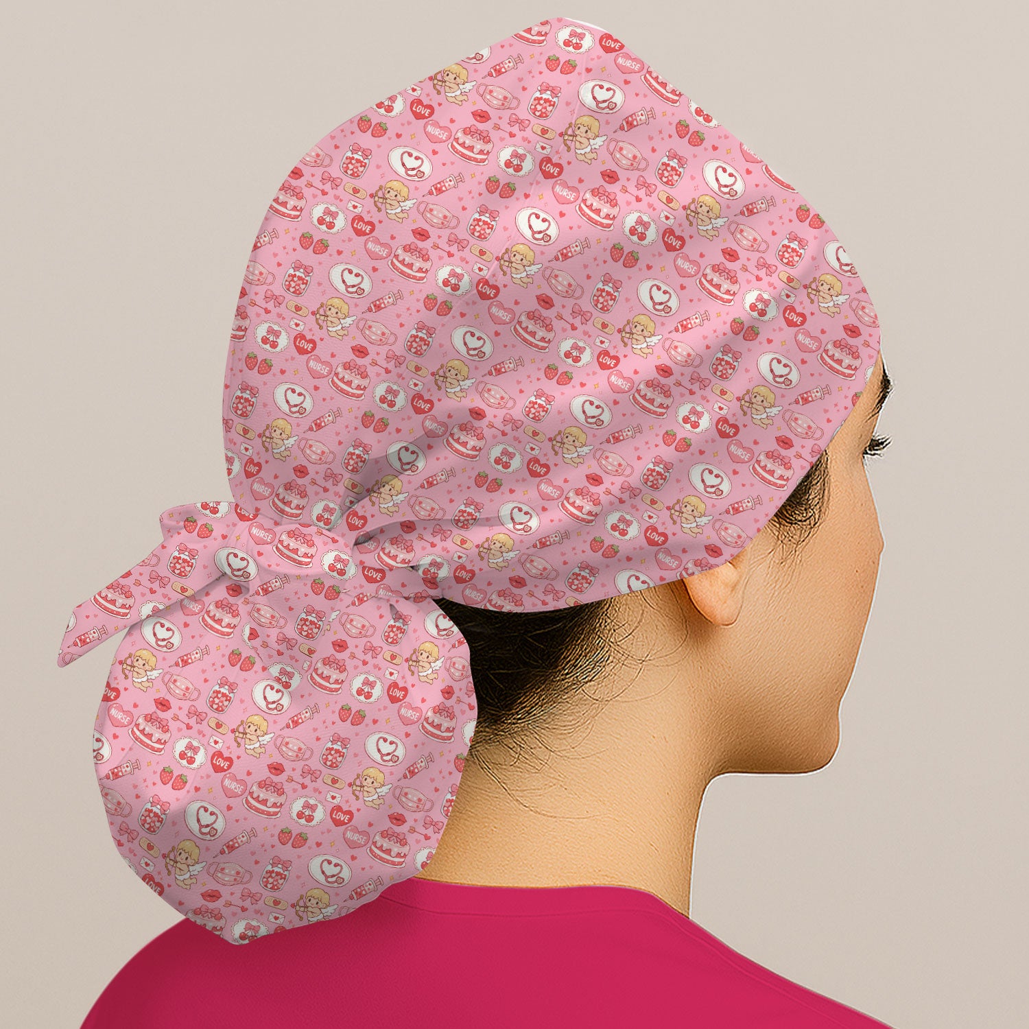 Cupid Nurse Scrub Cap, Cute Love Medical Pattern Hat For Valentine, Breathable Fabrics Nursing Uniform