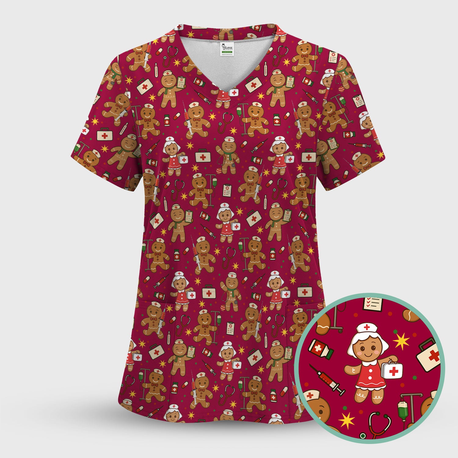 Gingerbread Christmas Nurse Scrub Top - Cute Holiday Cookie Pattern Shirt for Women - Funny Festive Nursing Gift for RN LPN CNA