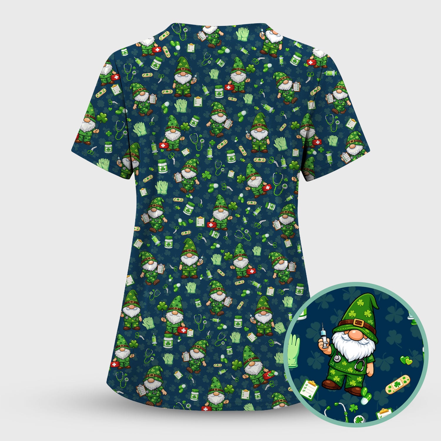 St. Patrick’s Day Nurse Gnome Scrub Set, Green Lucky Medical Pattern Nurse Shirt, Breathable Fabrics Nursing Uniform