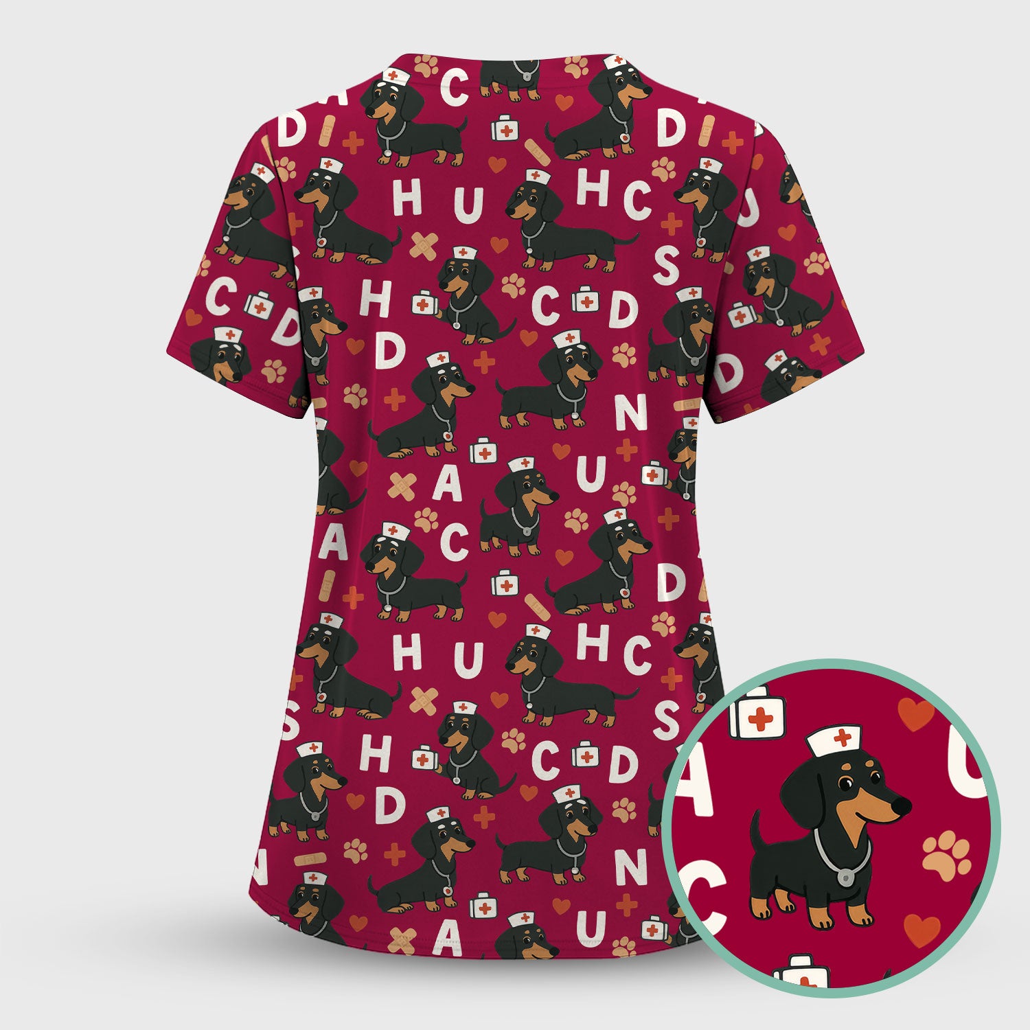 Dachshund Nurse Scrub Set for Women - Cute Sausage Dog Pattern Scrubs Top and Pants - Funny Animal Print Gift for RN LPN CNA