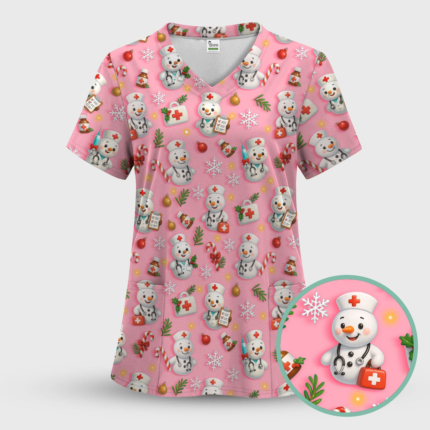 Christmas Nurse Scrub Top for Women - Cute Snowman Medical Uniform - Funny Holiday Nursing Shirt Gift for RN LPN CNA