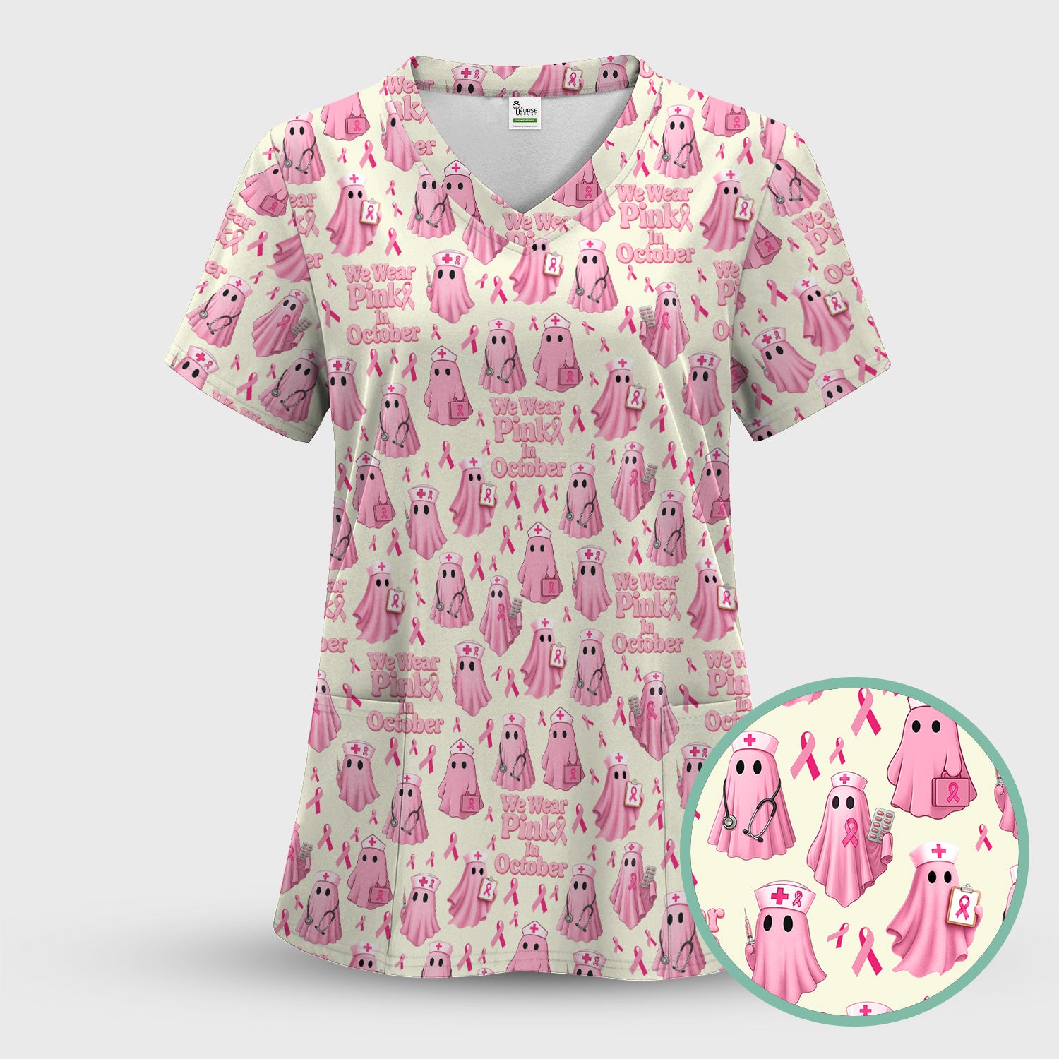 Halloween Breast Cancer Awareness Scrub - We Wear Pink In October & Ghost Nurse Design - October Gift for RN LPN CNA