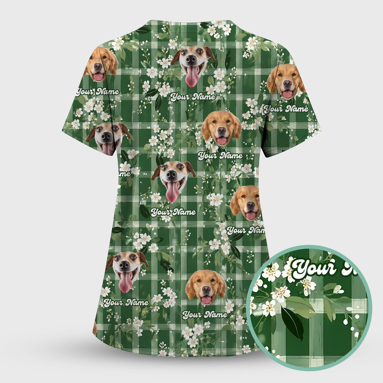 Custom Dog Face Scrub Top, Dog Green Plaid Floral Pattern Shirt, Comfortable Scrubs for Nurses