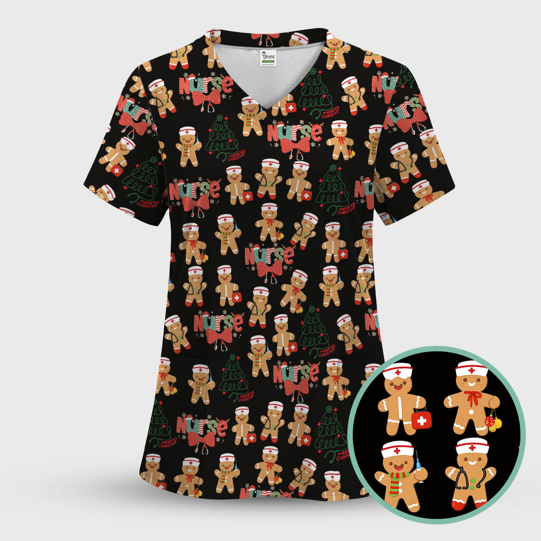 Christmas Nurse Scrub Top - Gingerbread Cookie Holiday Shirt - Medical Gift for CNA RN LPN Healthcare Workers