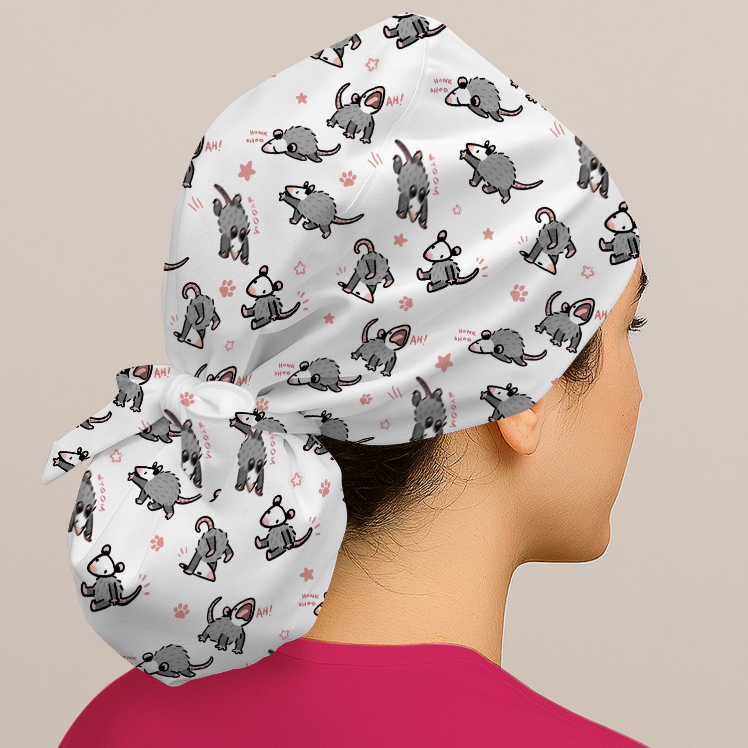 Playful Cartoon Opossum Character Pattern Cap, Bouffant Scrub Caps for Women