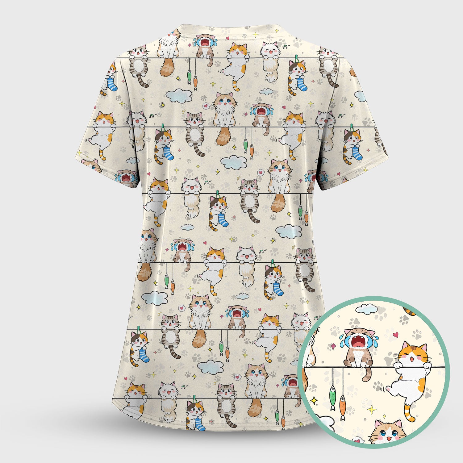 Funny Cats With Cute Expressions Pattern Scrubs Top, Comfortable Scrubs for Nurses