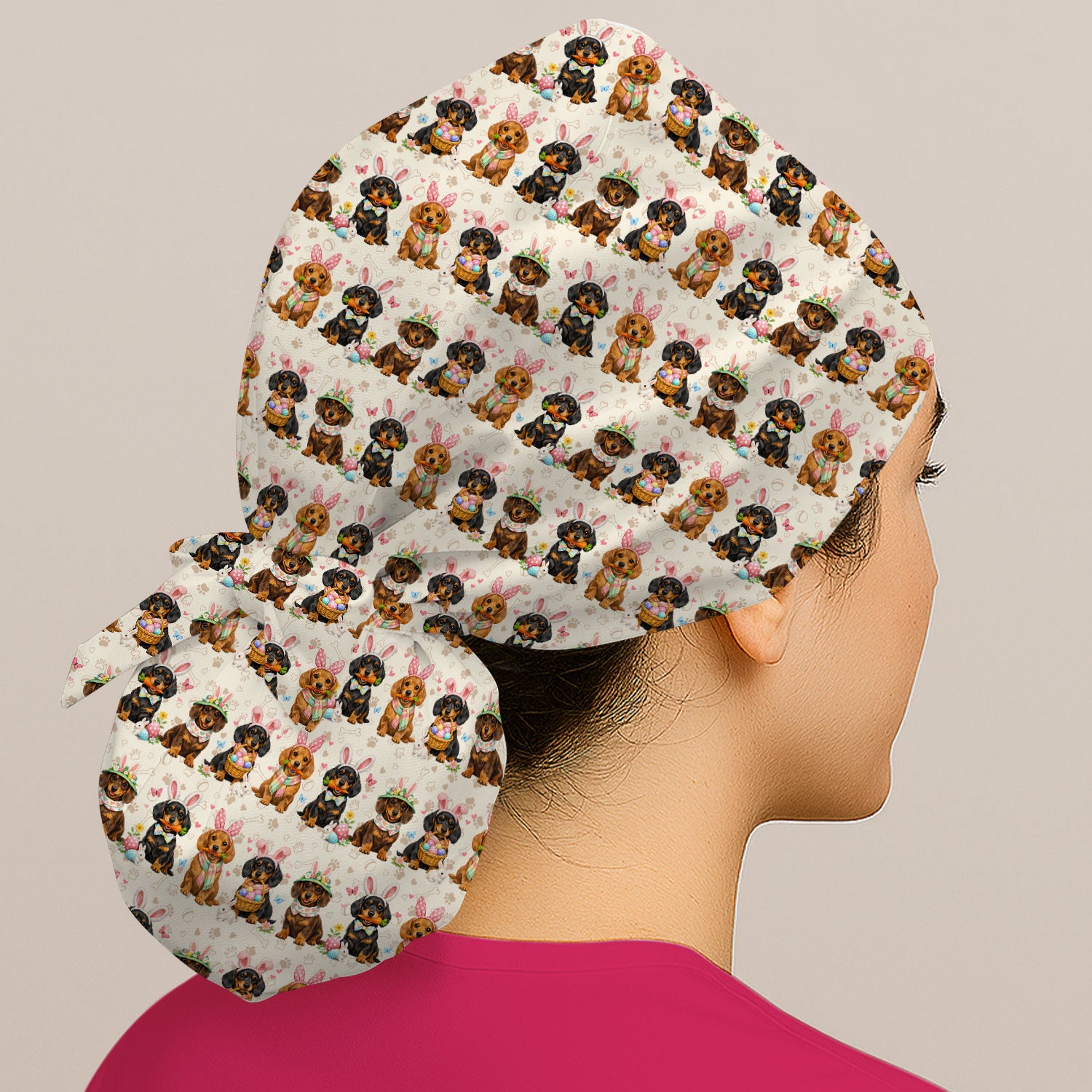 Cute Easter Dachshund Dog Bunny Print Bouffant Cap, Surgical Caps for Doctors