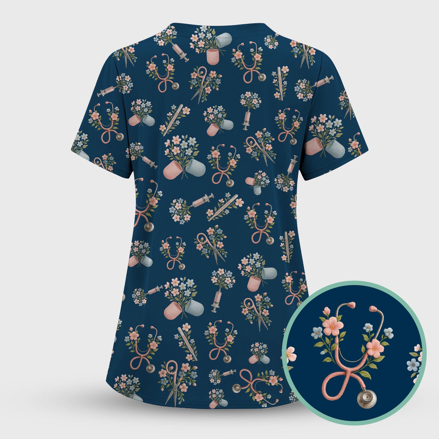 Floral Medical Scrub Top, Elegant Stethoscope With Flower Nursing Shirt, Breathable Fabrics Nurse Uniform