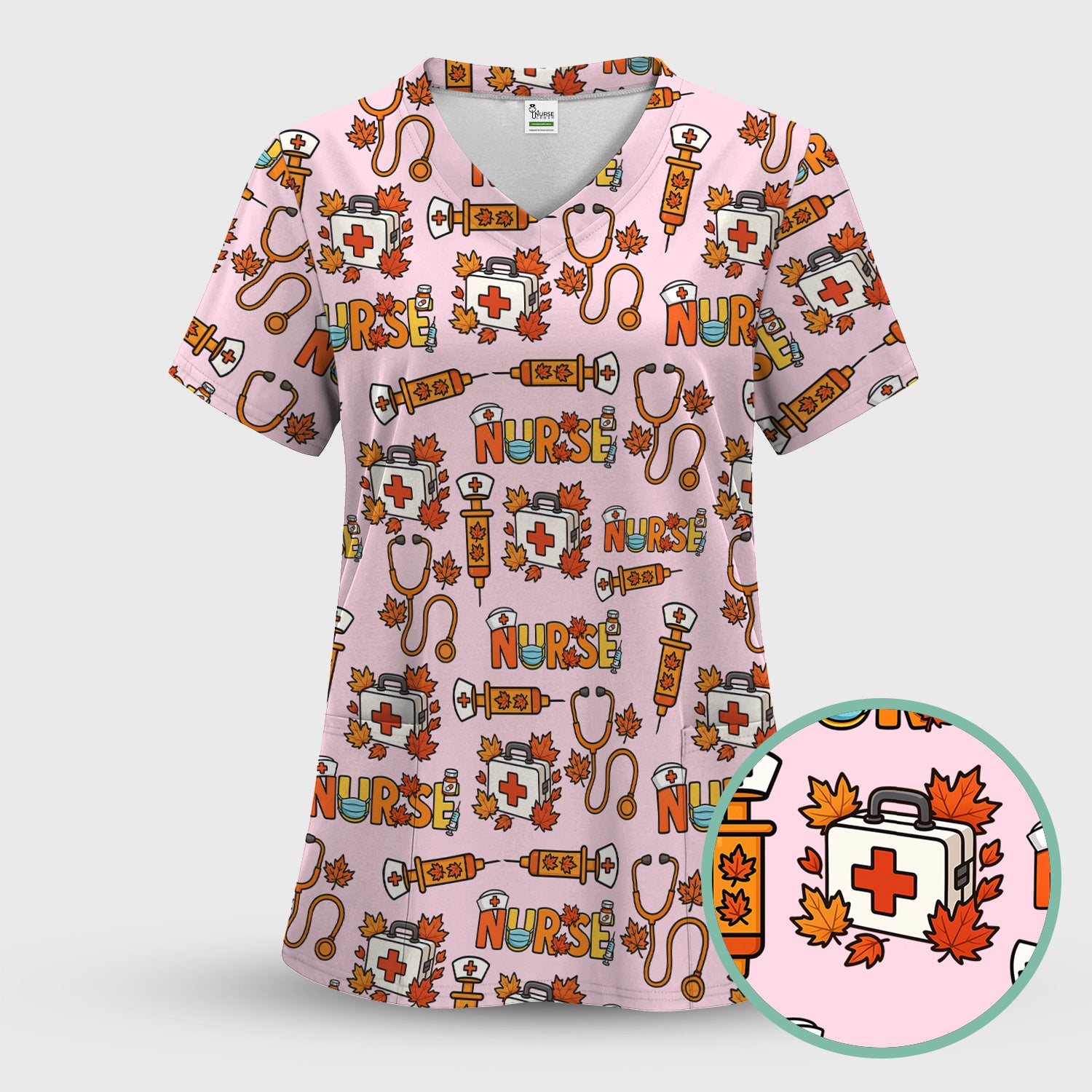 Autumn Nurse Scrub Top Multi Color - Fall Themed Nursing Shirt with Pockets - Cute Maple Leaf Medical Scrubs for Women