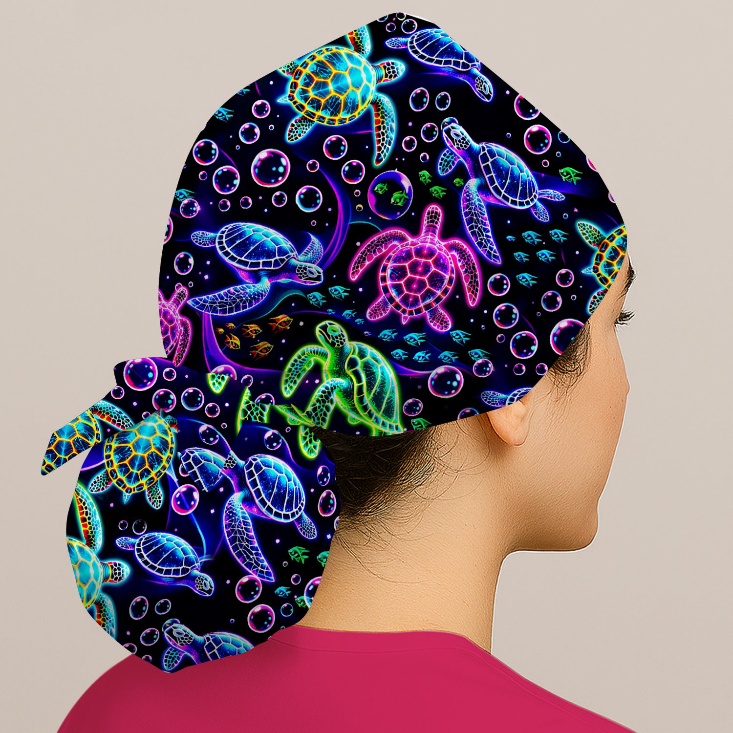 Neon Sea Turtle Swimming Bubble Ocean Scrub Cap, Surgical Caps for Doctors