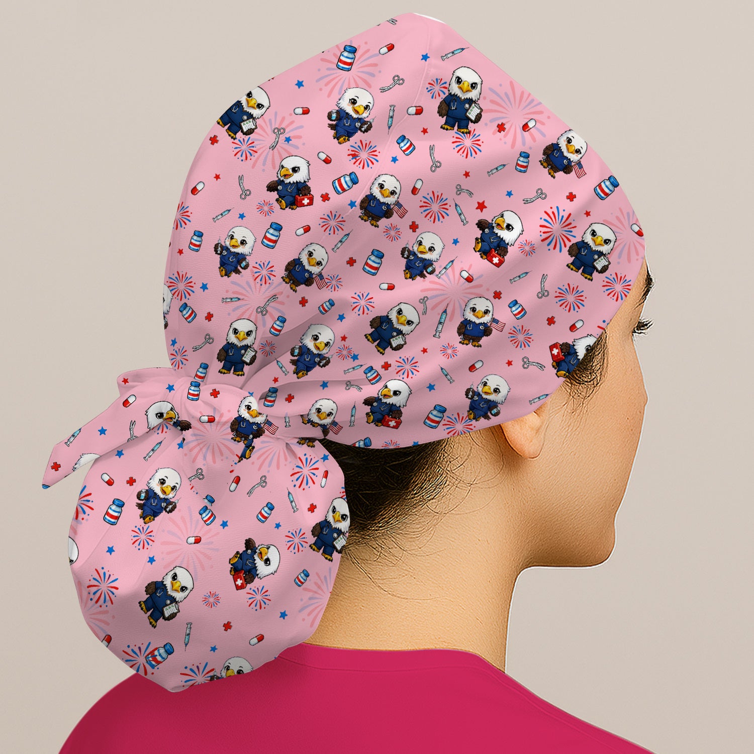 Patriotic Nurse Eagle Fireworks Medical Pattern Cap, Bouffant Scrub Caps for Women