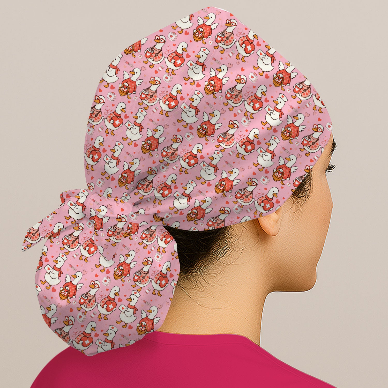Valentine Goose Nurse Scrub Cap, Heart Medical Pattern Nurse Hat, Breathable Fabrics Nursing Uniform