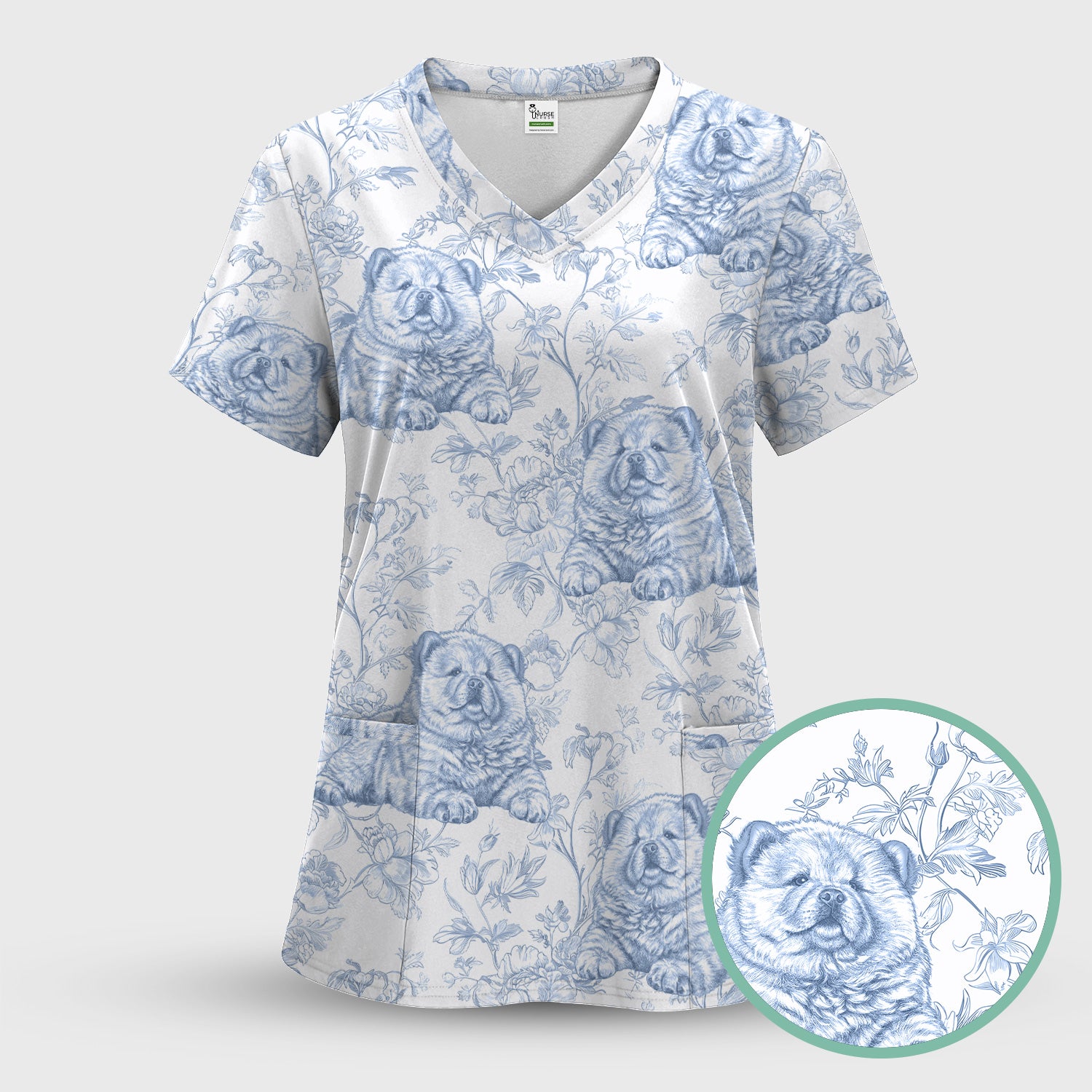 Custom Dog Cat Style Chinoiserie Pattern Scrubs Sets, Scrub Pants and V Neck Top