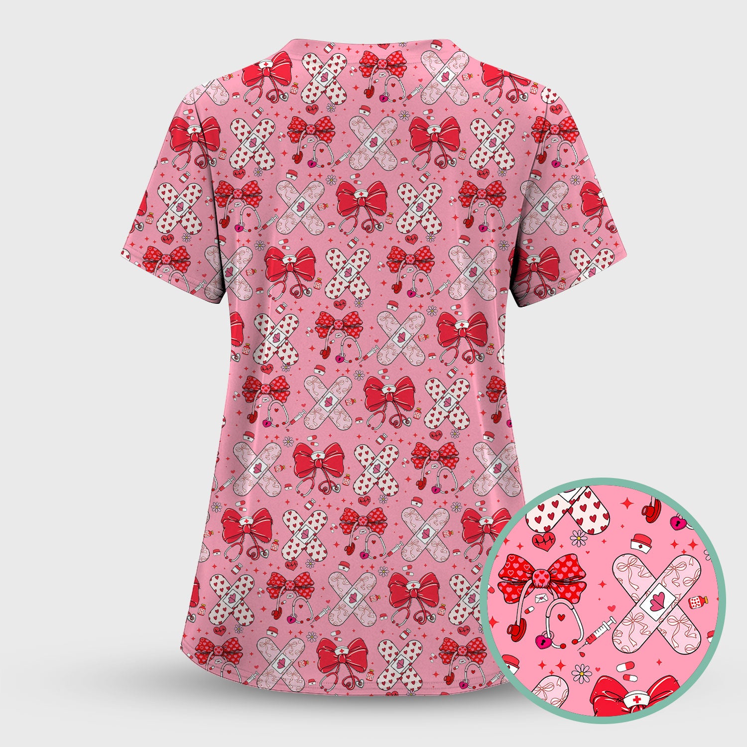 Valentine Nurse Scrub Top, Red Bow And Heart Bandage Pattern Medical Shirt, Breathable Fabrics Nursing Uniform
