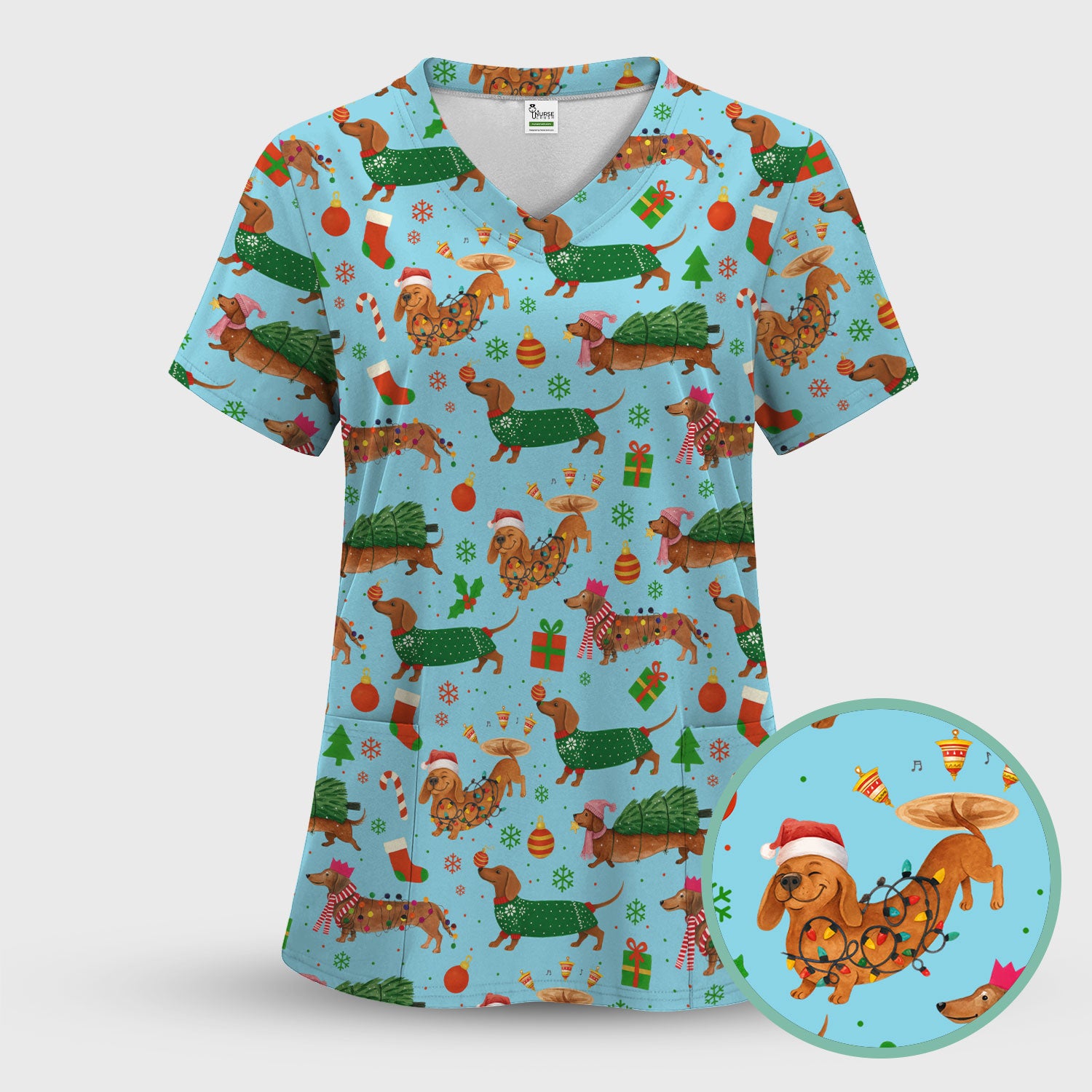 Funny Christmas Dog Scrub Top - Dachshund Multi Color Scrub Shirt - Holiday Scrubs Gift for Nurse, CNA, RN, Doctor, Medical Staff