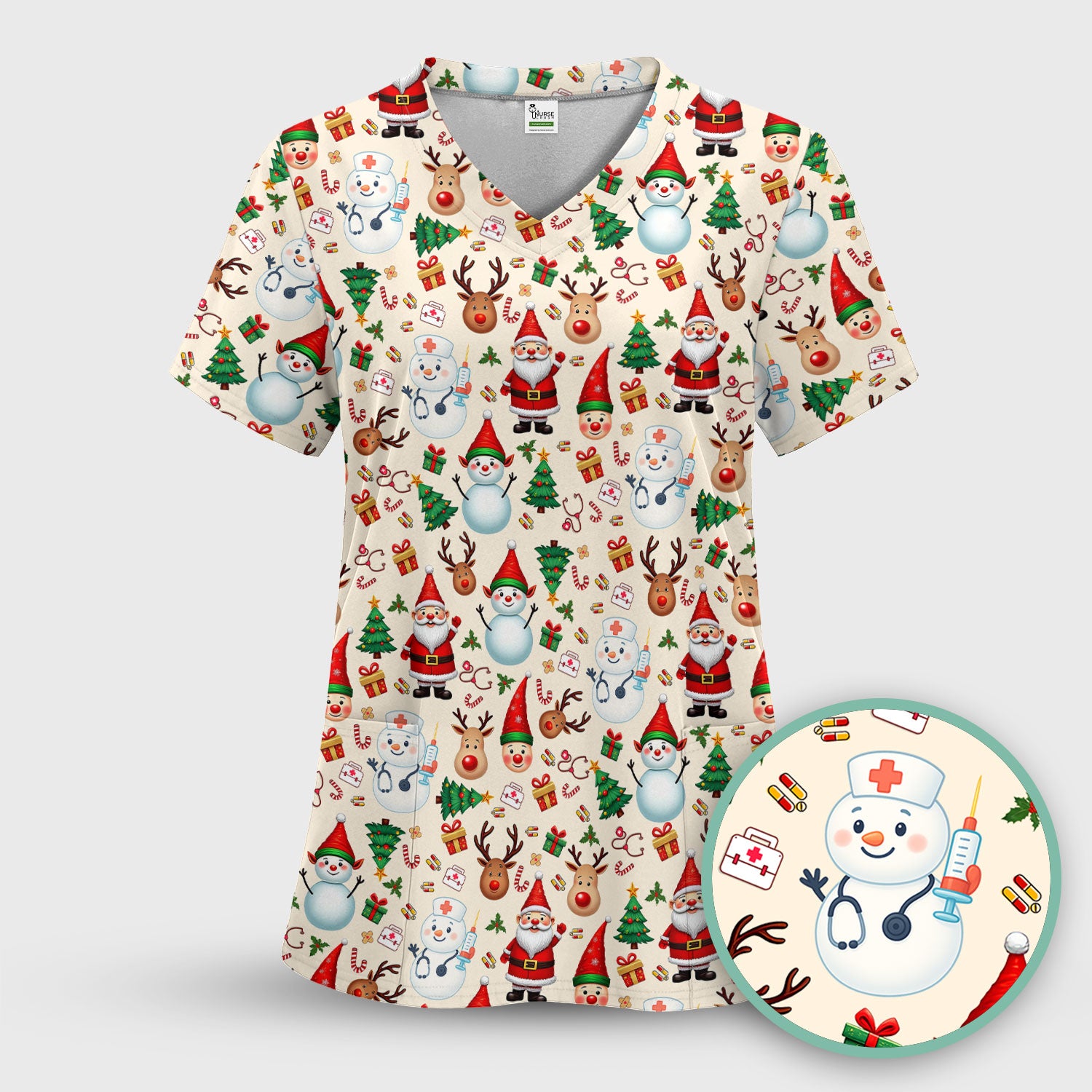 Christmas Nurse Scrub Top - Cute Snowman Santa Reindeer Pattern Medical Shirt - Festive Holiday Scrubs for Women RN CNA LPN