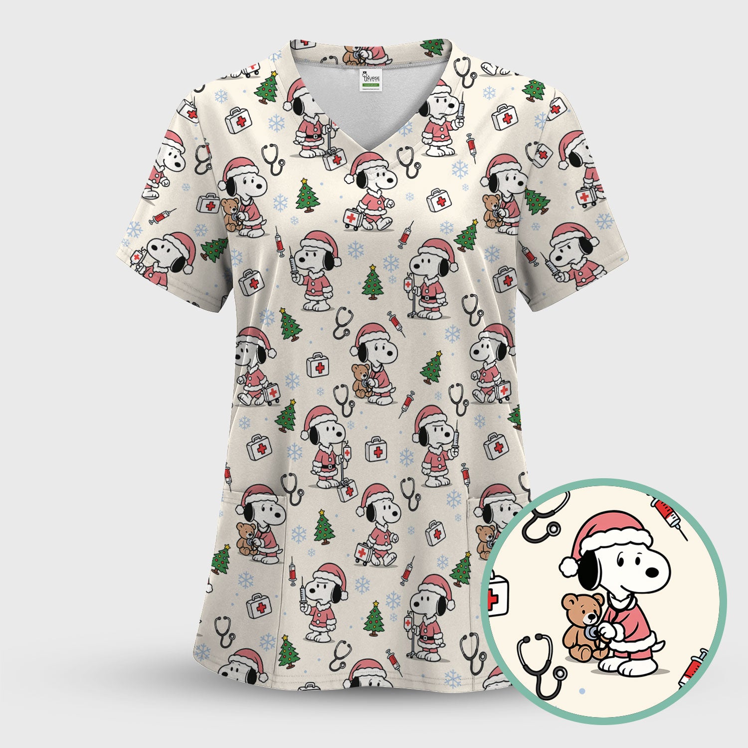 Snoopy Christmas Nurse Scrub Top for Women - Cute Cartoon Holiday Medical Uniform with Pockets - Nursing Gift for RN CNA LPN