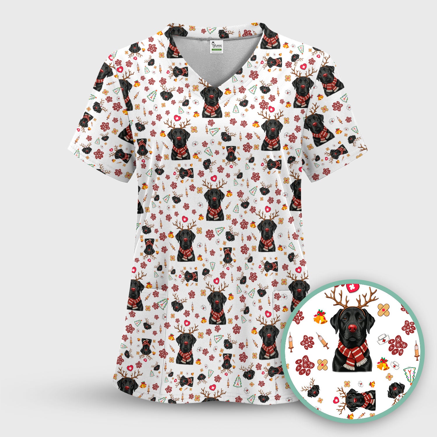 Funny Black Lab Reindeer Scrub Top - Christmas Dog Nurse Shirt - Cute Holiday Medical Uniform Gift for RN LPN CNA