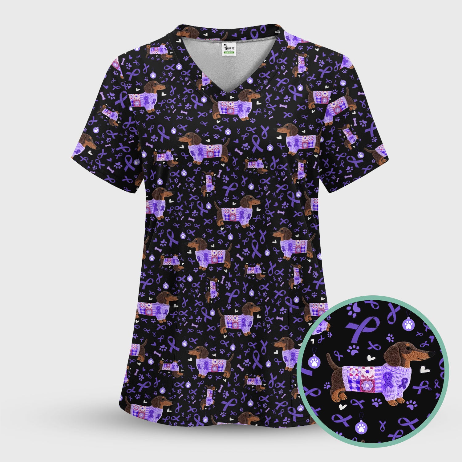Purple Ribbon Dachshund Scrub Top for Nurses - Cute Awareness Dog Paw Prints - Support Lupus Cancer Med Uniform Gift for Women