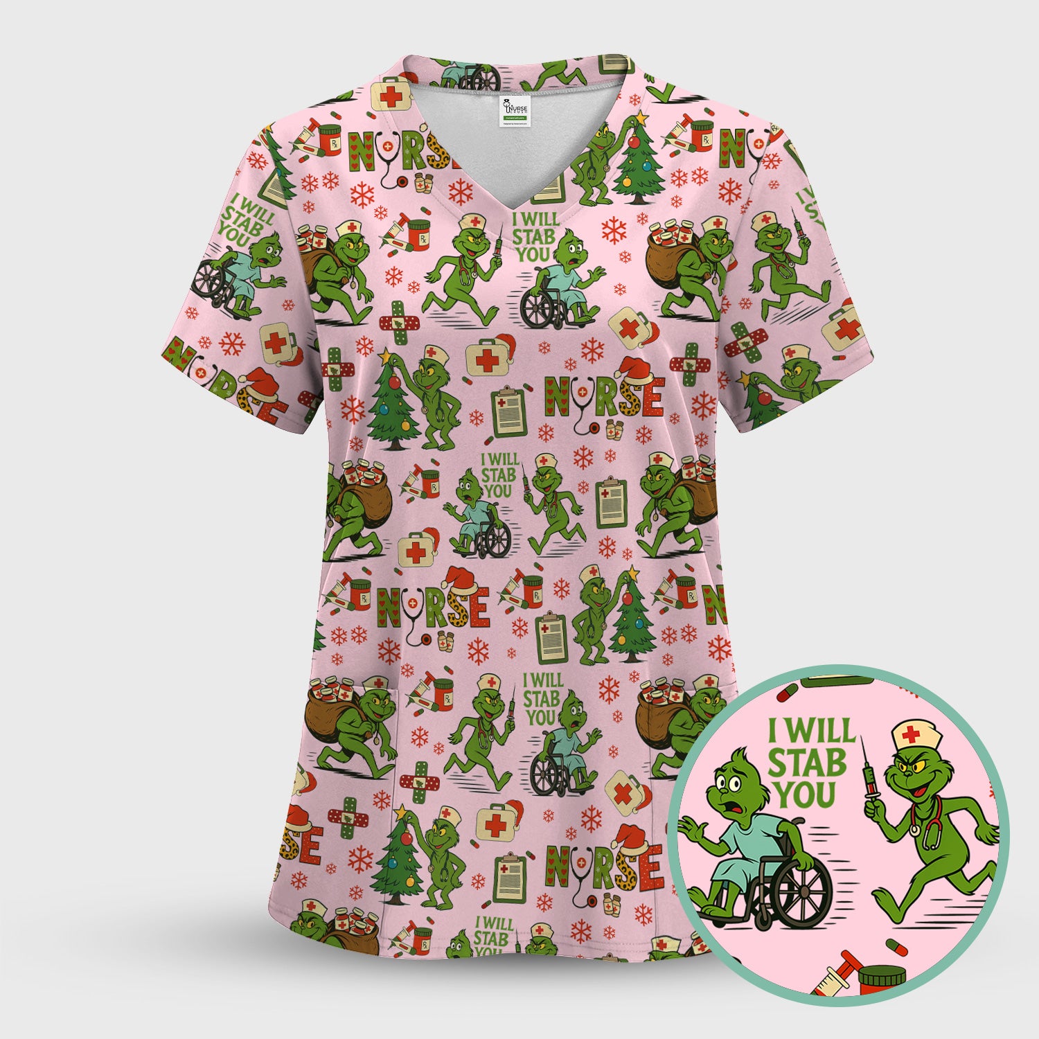 Funny Grinch Nurse Scrub Top for Women - Christmas Scrub Shirt with I Will Stab You Quote - Cute Holiday Nursing Work Shirt with Pockets