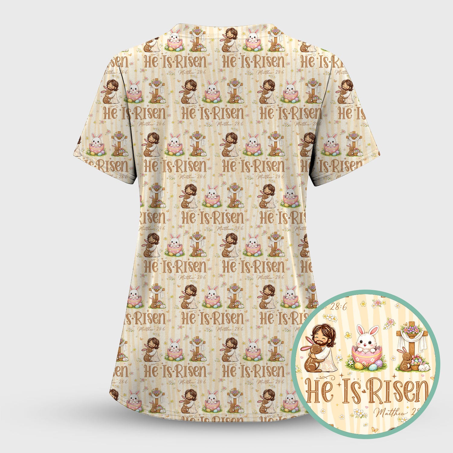 He Is Risen Jesus Easter Print Sets, Scrub Pants and V Neck Top
