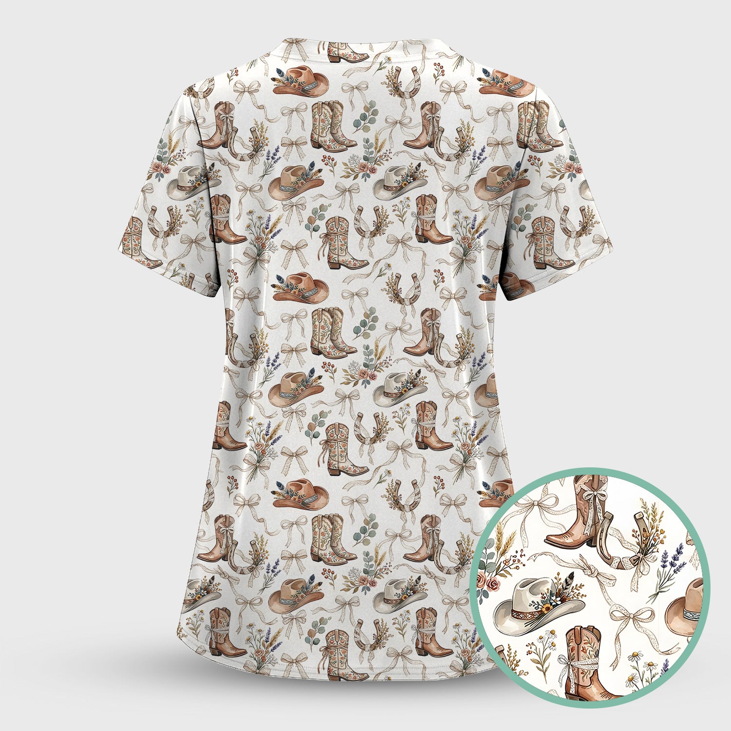 Western Cowboy Boots Hat Floral Pattern Scrub Top, Comfortable Scrubs for Nurses
