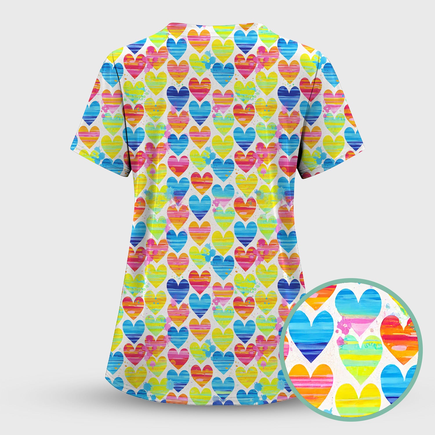 Bright Multicolor Rainbow Heart All Over Print Pattern Scrub, Comfortable Scrubs for Nurses